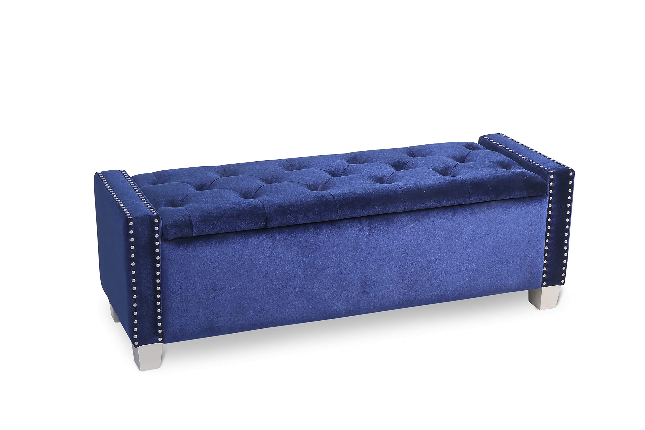 Velvet Upholstered Storage Bench with Removable Cushion - Blue Velvet Ottoman for Living Room, Bedroom & Entryway - Stylish Seat & Storage Solution