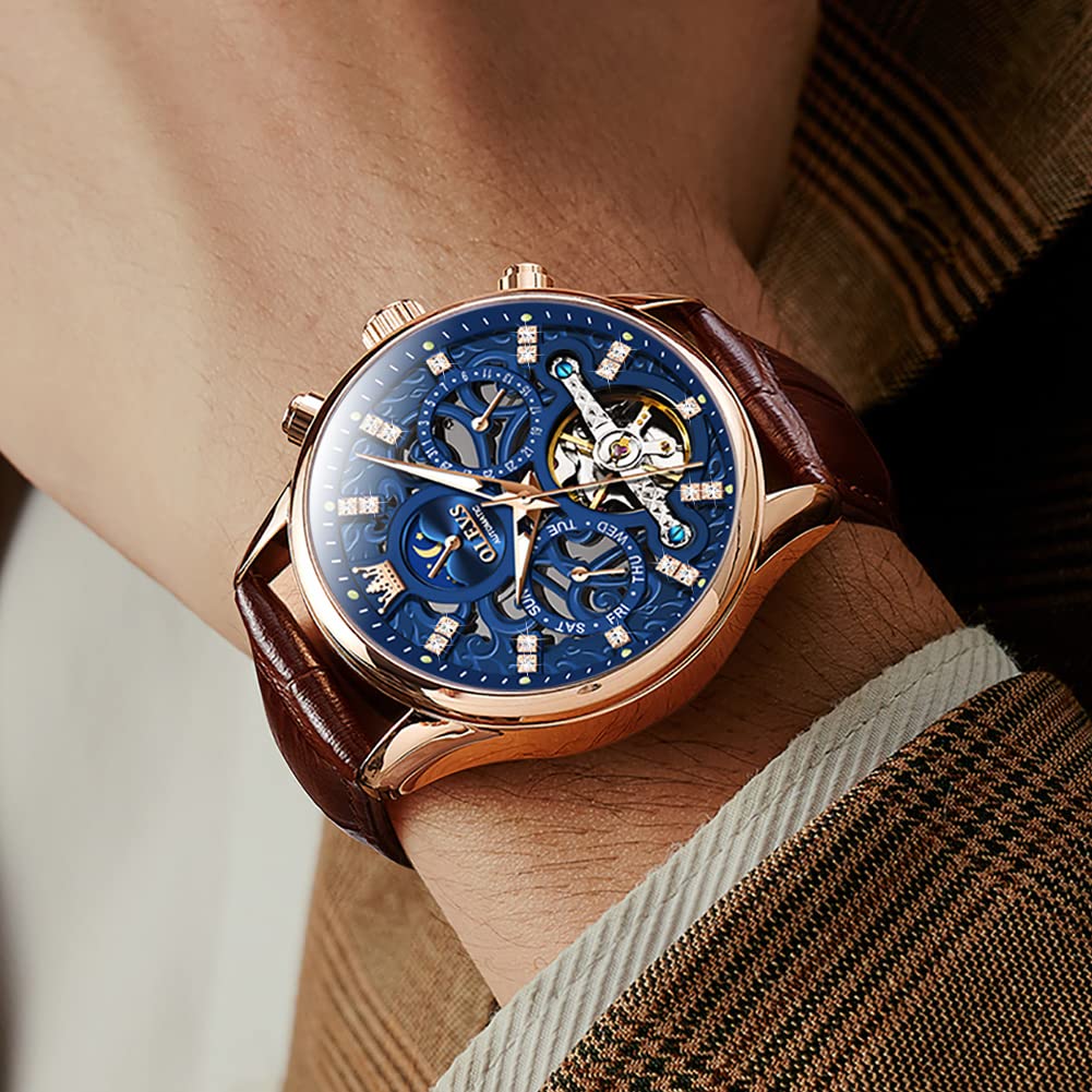 OLEVS Men's Automatic Skeleton Watch - Mechanical Dress & Casual Watch with Moon Phase, Luminous Hands, Waterproof - Brown/Black Leather Strap - Perfect for Business, Dating & Formal Occasions