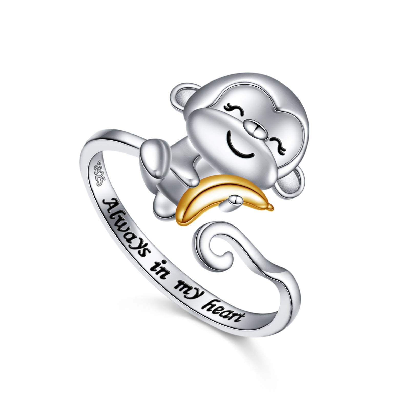 FLYOW 925 Sterling Silver Monkey with Banana Adjustable Ring - Cute Animal Jewelry for Women & Girls (Size 6-9) - Perfect Birthday Gift & Everyday Fashion Accessory