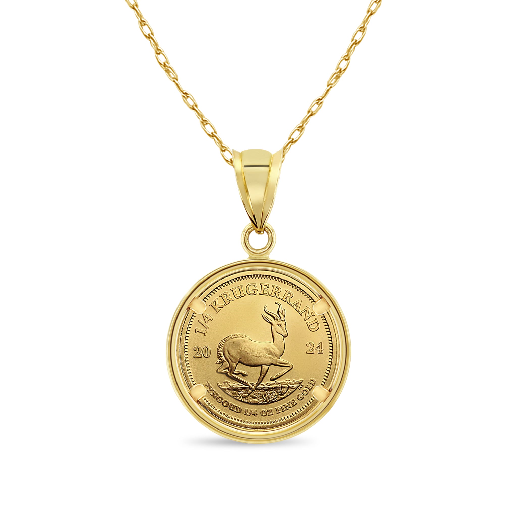 1/4 oz South African Krugerrand Gold Coin Necklace with Polished Halo - Perfect for Jewelry Gifts, Investment Collectibles & Special Occasions