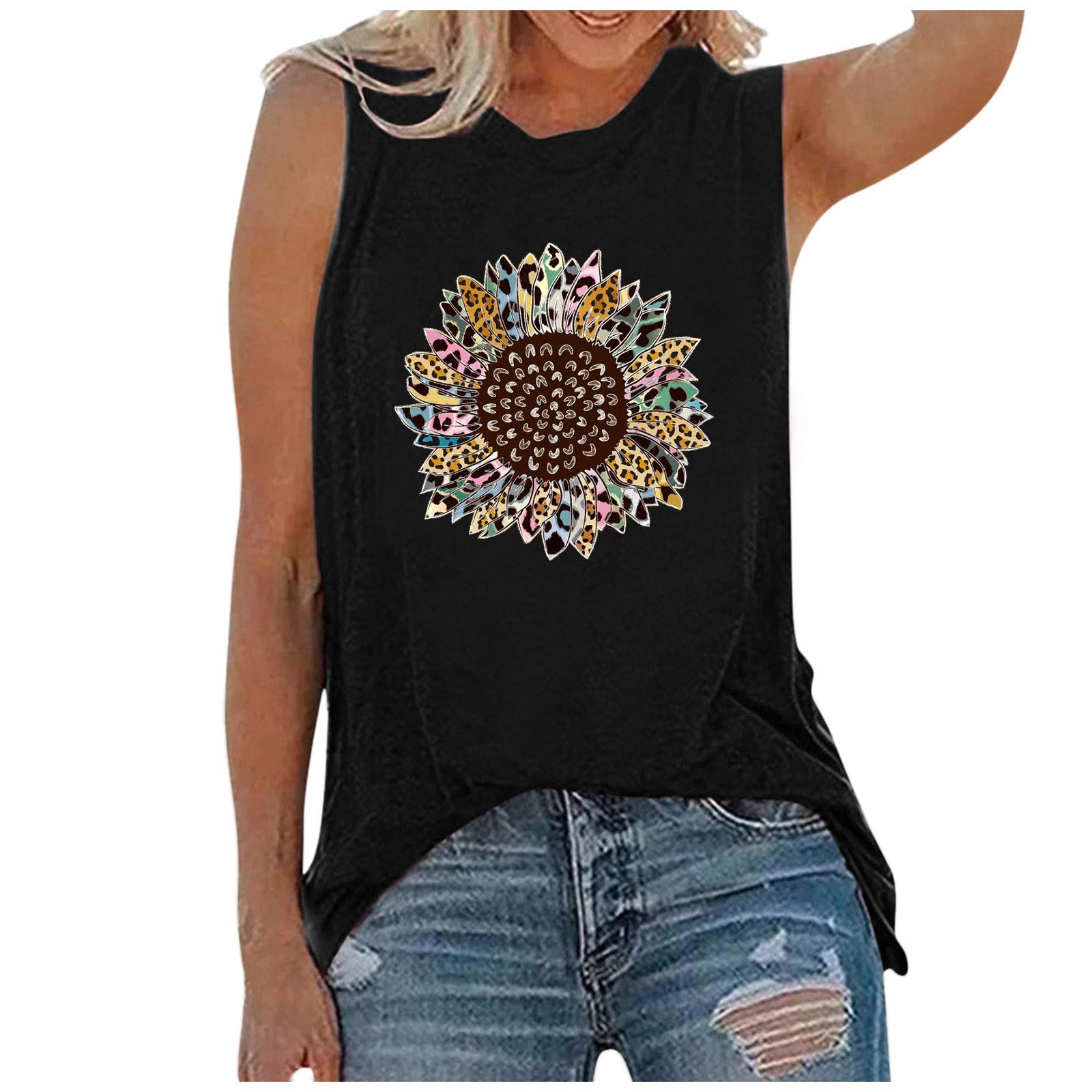 Women's Workout Tank Tops - Sleeveless O-Neck Printed Casual Cami Blouse (Black) | Gym, Yoga, Running & Summer Fashion Top