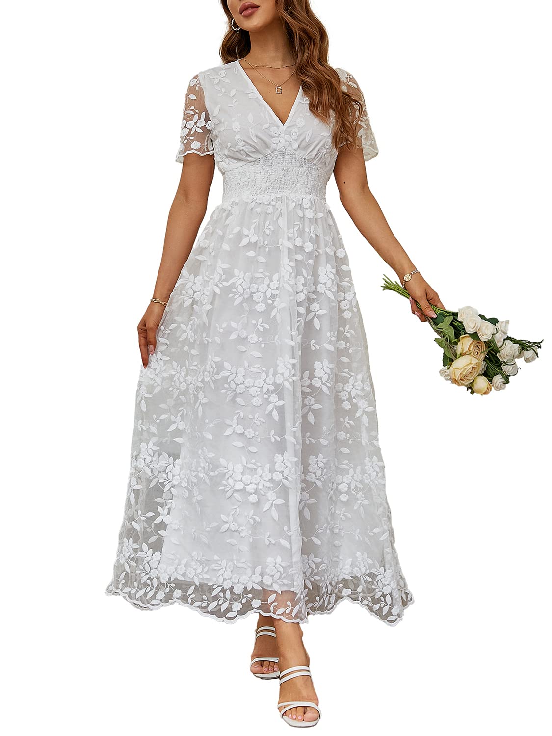 Miessial Women's V-Neck Lace Floral Maxi Dress - Elegant Embroidery Boho Long Dress for Wedding Guest, Cocktail Party & Summer Vacation