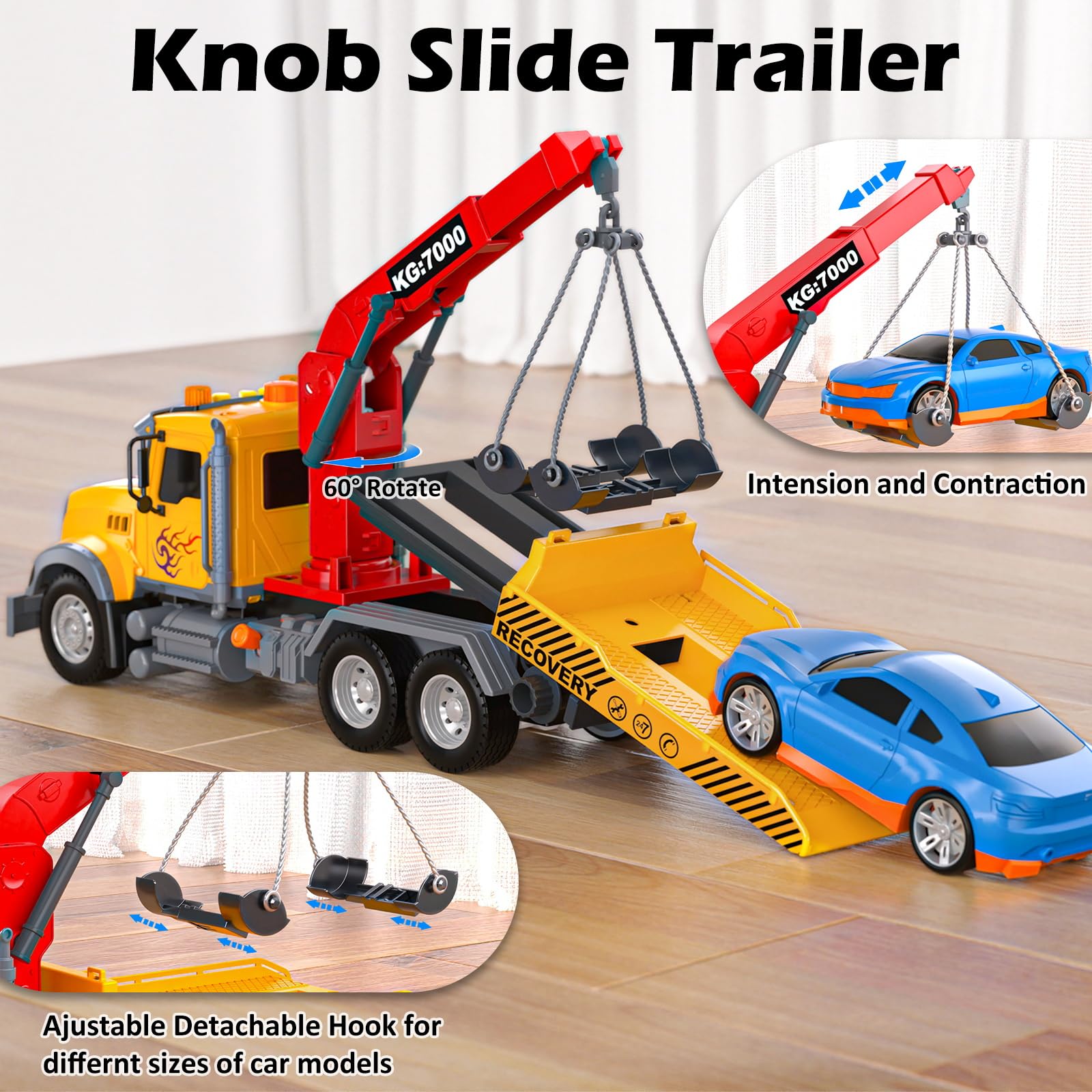 SS 15 Inch Big Tow Truck Toy with Friction Powered Transport & Crane - Realistic Lights & Sounds Pull Back Vehicle Set for Boys Age 4-7 - Includes Roadster with Hooks & Car - Perfect Birthday Gift for Kids (Orange) - Great for Pretend Play, Construction Scenes & Interactive Learning Activities
