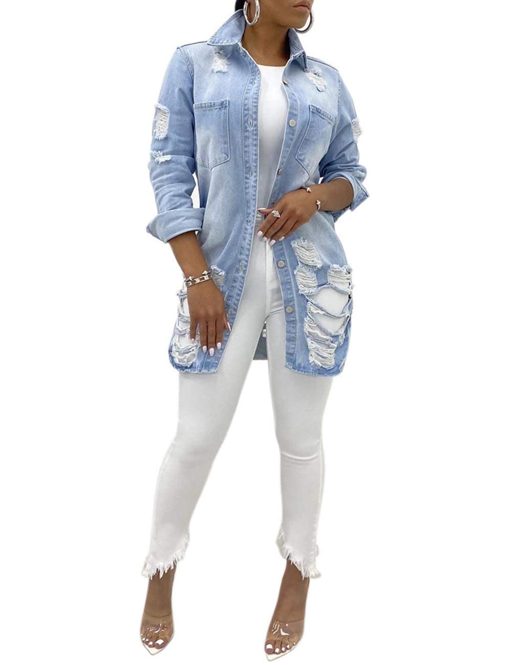 SOMTHRON Women's Distressed Denim Jacket & Ripped Jeans Set - Vintage Denim Outfit for Spring Fall - Trendy Casual Outerwear for Street Style & Date Night