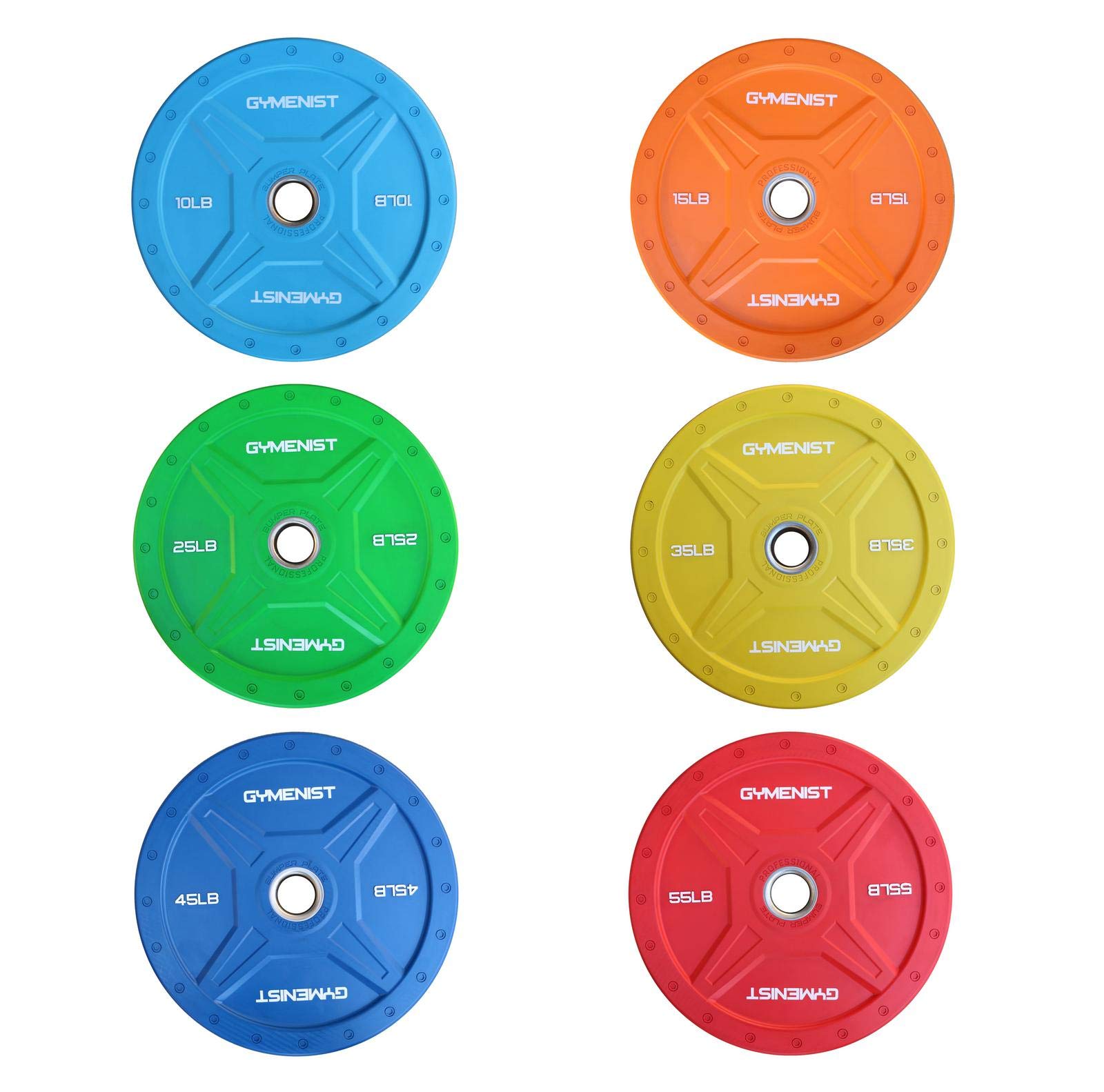 GYMENIST Olympic Bumper Plates 10-55 LB Set - Compatible with 2 Inch Olympic Bars, Black & Multi-Color Options for Commercial & Home Gyms - Perfect for Weightlifting, CrossFit & Strength Training