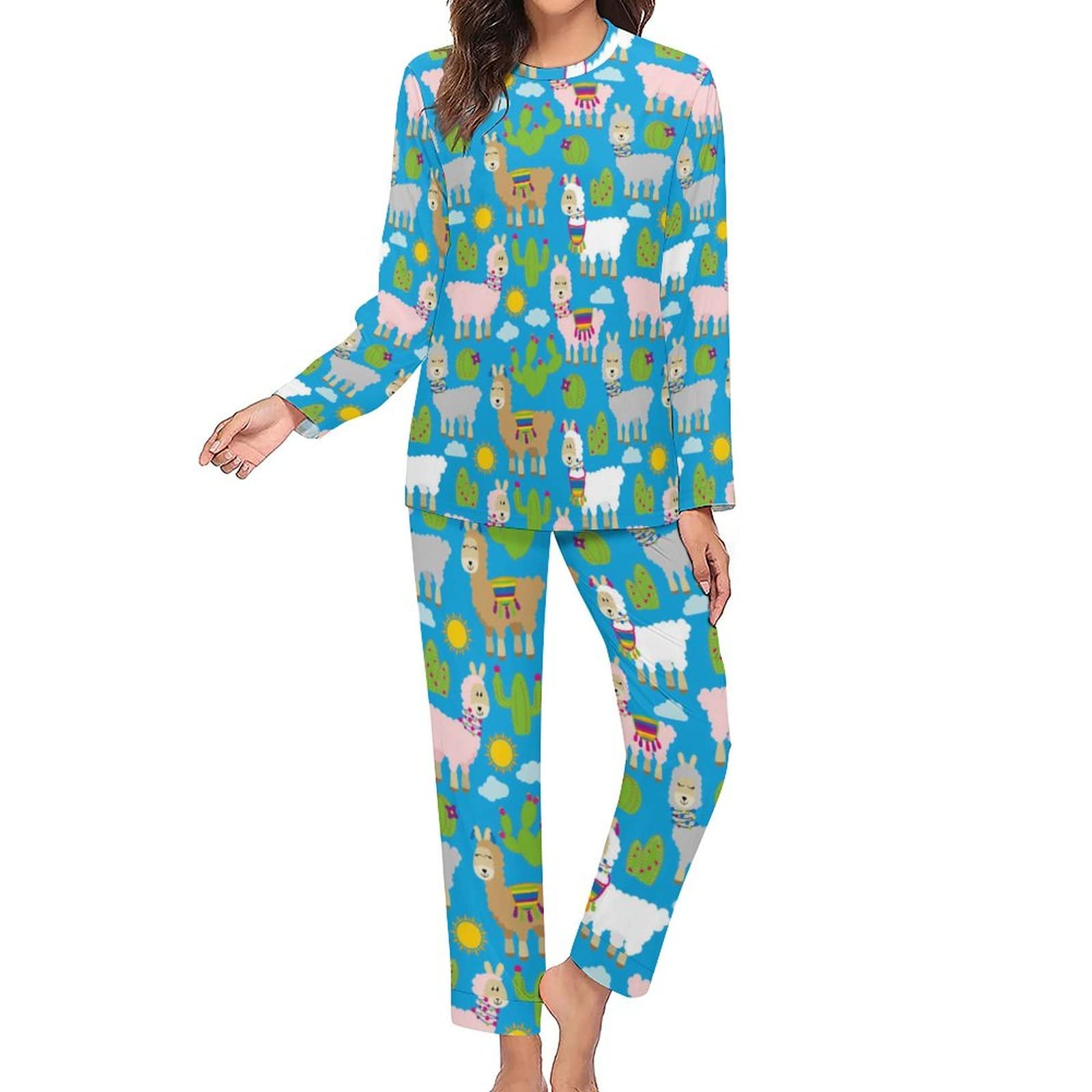 Llama Cactus Print Women's Pajama Set - Soft Long Sleeve Sleepwear & Lounge Outfit (XS) - Cozy Nightwear for Home Relaxation & Sleep