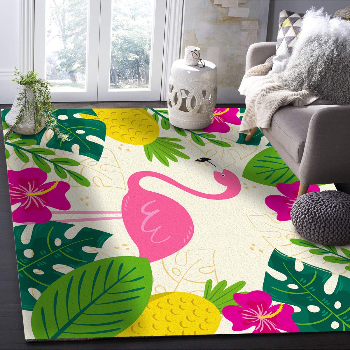 5'x8' Tropical Flamingo Area Runner Rug - Washable Indoor/Outdoor Carpet for Kitchen, Living Room, Bathroom, Bedroom, Classroom & Laundry Room - Perfect Summer Theme Decor for Home, Office & Dorm Welcome Mat