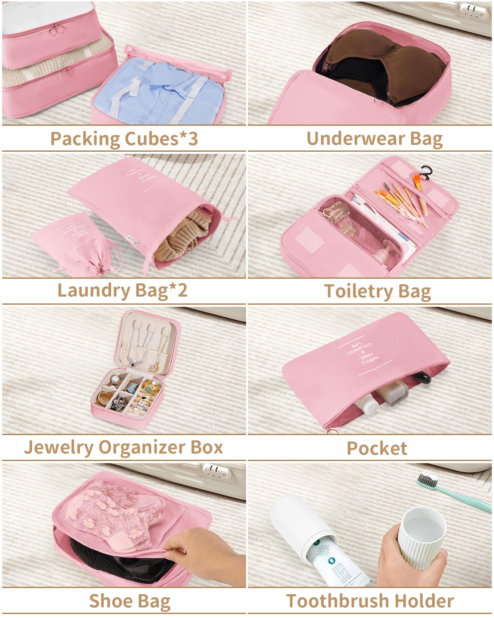 11-Piece Packing Cubes Set for Travel - Suitcase & Luggage Organizer Bags with Toiletry Bag | Travel Essentials in Pink | Perfect for Business Trips, Vacations & Weekend Getaways