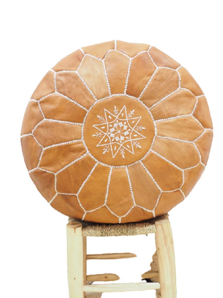 LEATHEROOZE White Stitching Unstuffed Round Leather Pouf Ottoman - Moroccan Boho Footrest, Bean Bag Chair Cover for Living Room, Bedroom Decor - Perfect Housewarming & Wedding Gift for Home Decoration