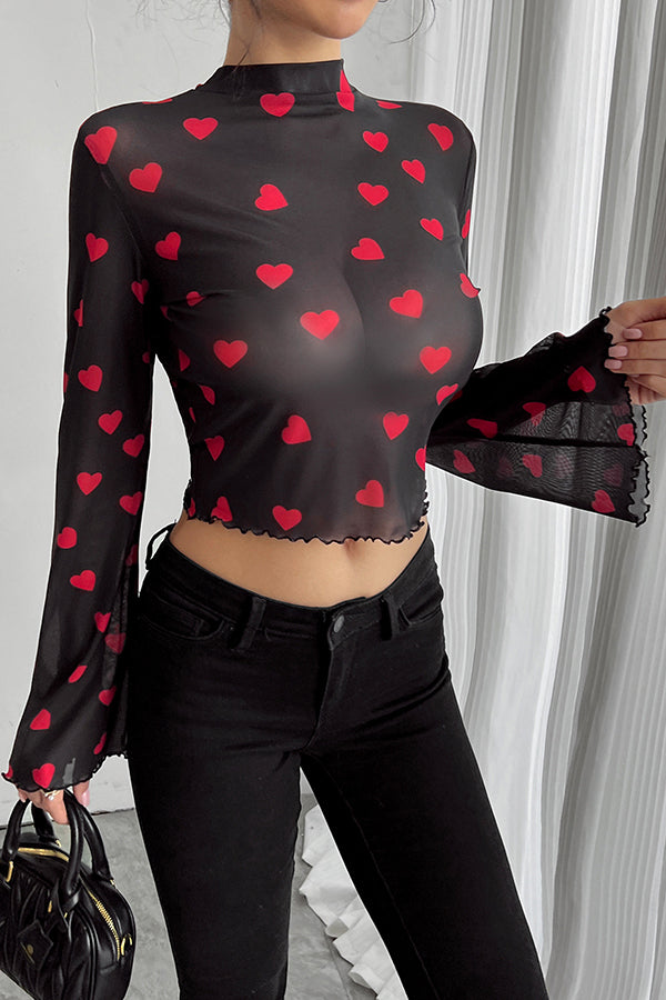 Stylish Printed Mesh Trumpet Sleeve Slim Fit Blouse for Women | Fashionable Party & Evening Wear