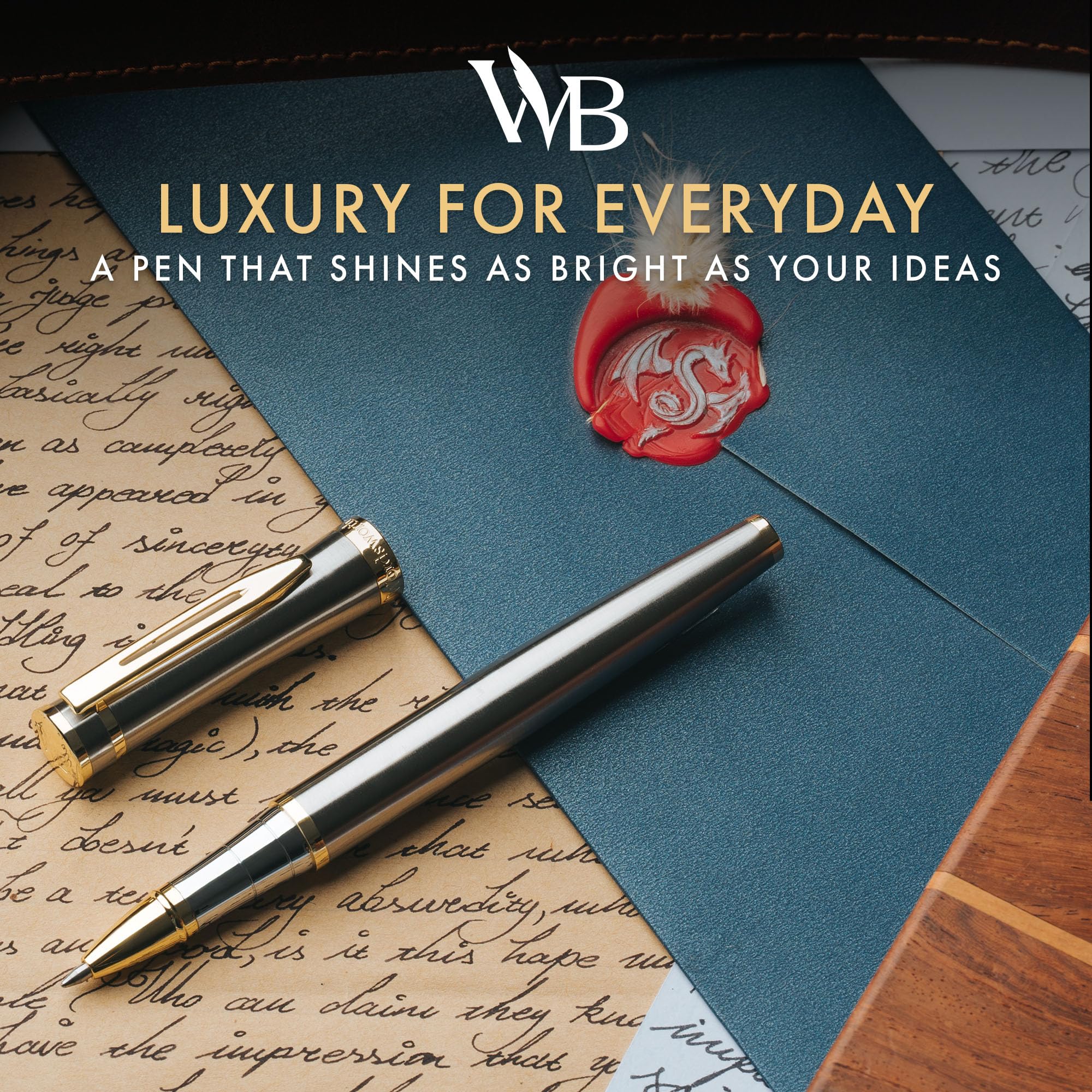 Premium Wordsworth & Black Rollerball Pen - 24K Gold Plated Luxury Writing Instrument with Silver Lacquer Finish, Refillable Ink Cartridge - Elegant Gift for Professionals, Men & Women - Perfect for Office Use, Business Meetings & Signature Documents
