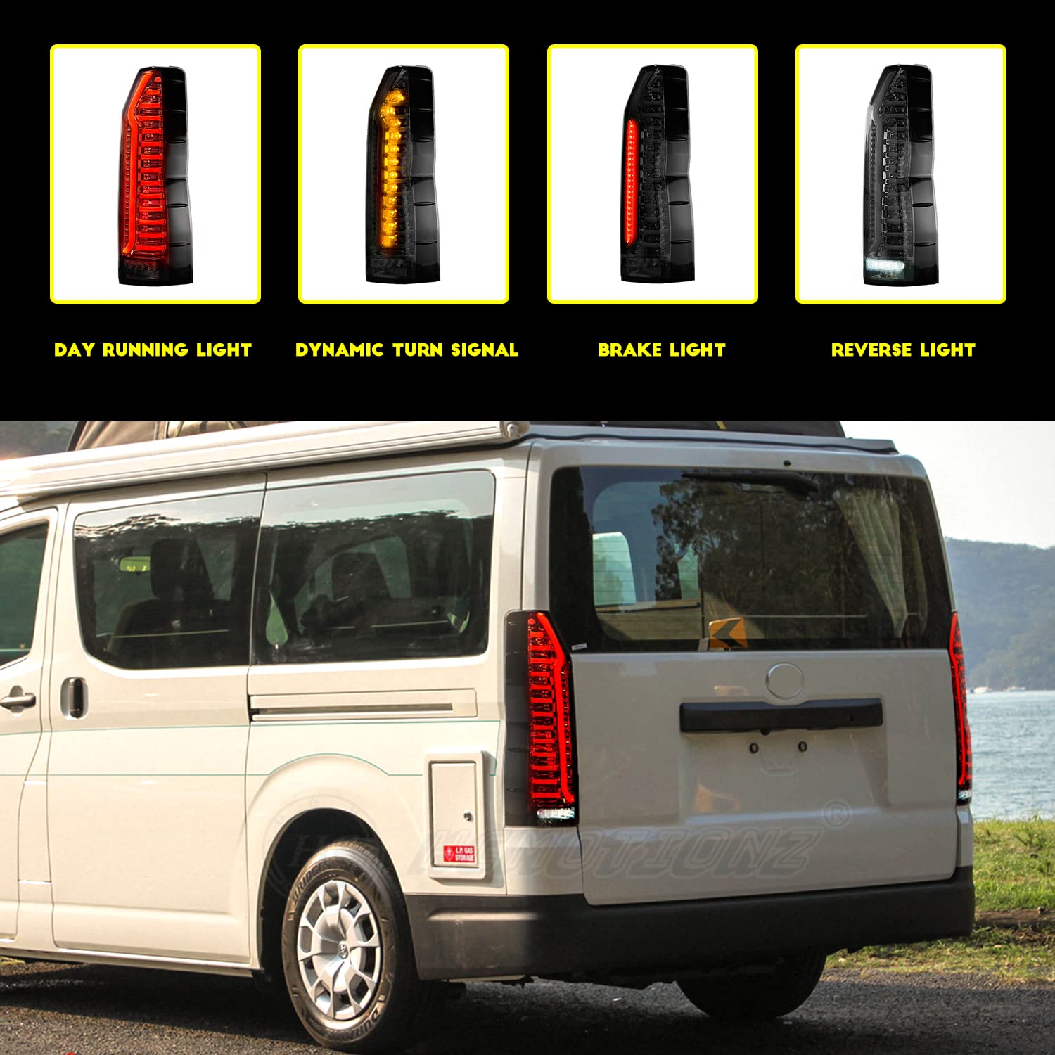 HCmotion LED Tail Lights for Toyota Hiace 6th Gen H300 2019-2023 - Smoked Rear Lamps with Dynamic DRL, Startup Animation & Sequential Turn Signals - Perfect for Night Driving and Enhanced Vehicle Style