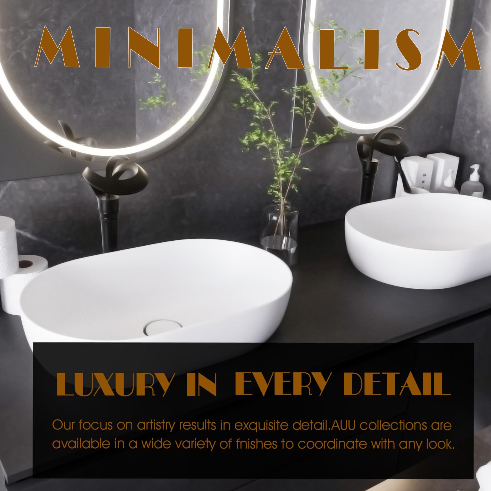 AUU Matte Black Waterfall Single Hole Bathroom Sink Faucet - Solid Brass Tall Vessel Faucet with Pop-Up Drain & Supply Line - Perfect for Modern Vanities & Luxury Bathroom Renovations (Black, Tall)