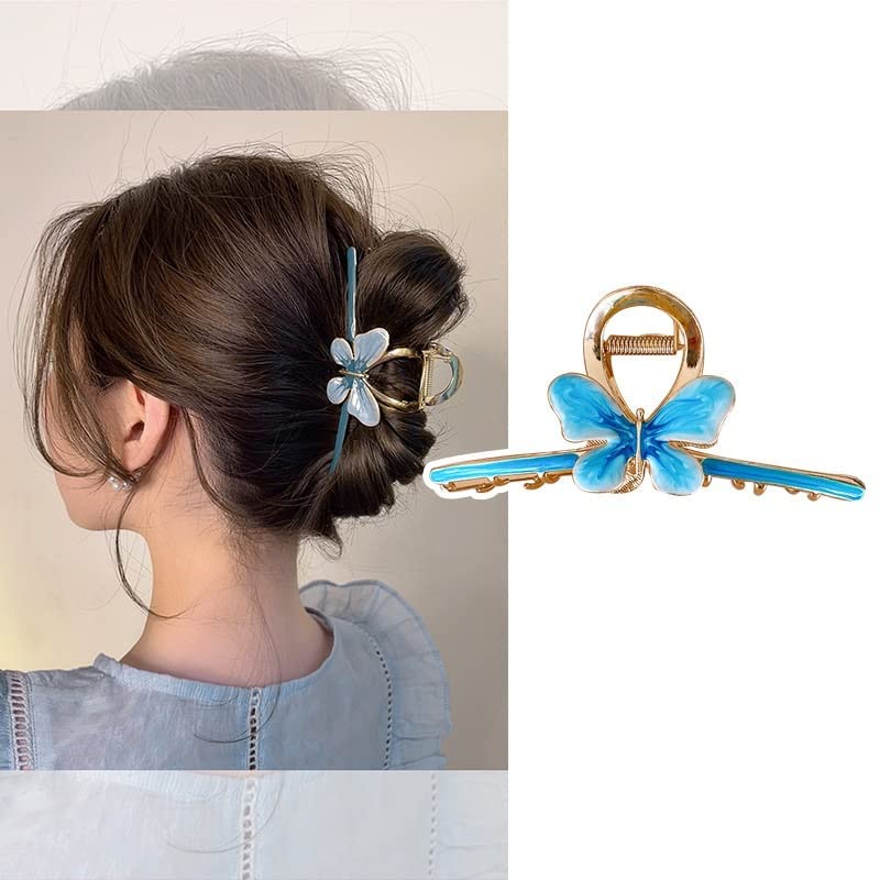 Evolluxi® Large Non-Slip Metal Lily Hair Claw Clip - Gold Floral Design for Thick Long Hair | Women's Hair Accessories | Perfect for Everyday Wear, Parties, and Special Occasions (Winter Blue)