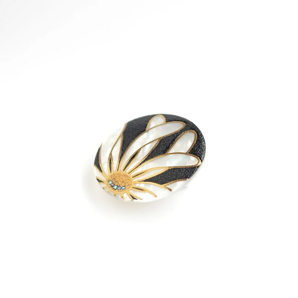 Exquisite Maki-e Urushi Lacquer Brooch with White South Sea Pearl Shell & Chrysanthemum Design | Traditional Japanese Lacquer Jewelry | Perfect for Formal Occasions, Gift Giving & Cultural Events