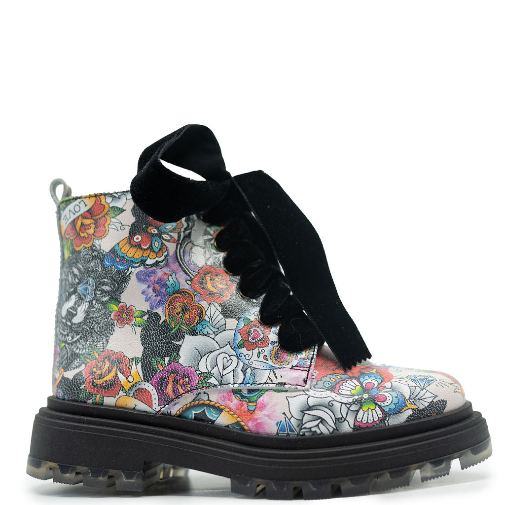 Papanatas Love Print Velvet Lace Booties - Women's Fashion Ankle Boots for Casual Wear & Date Nights