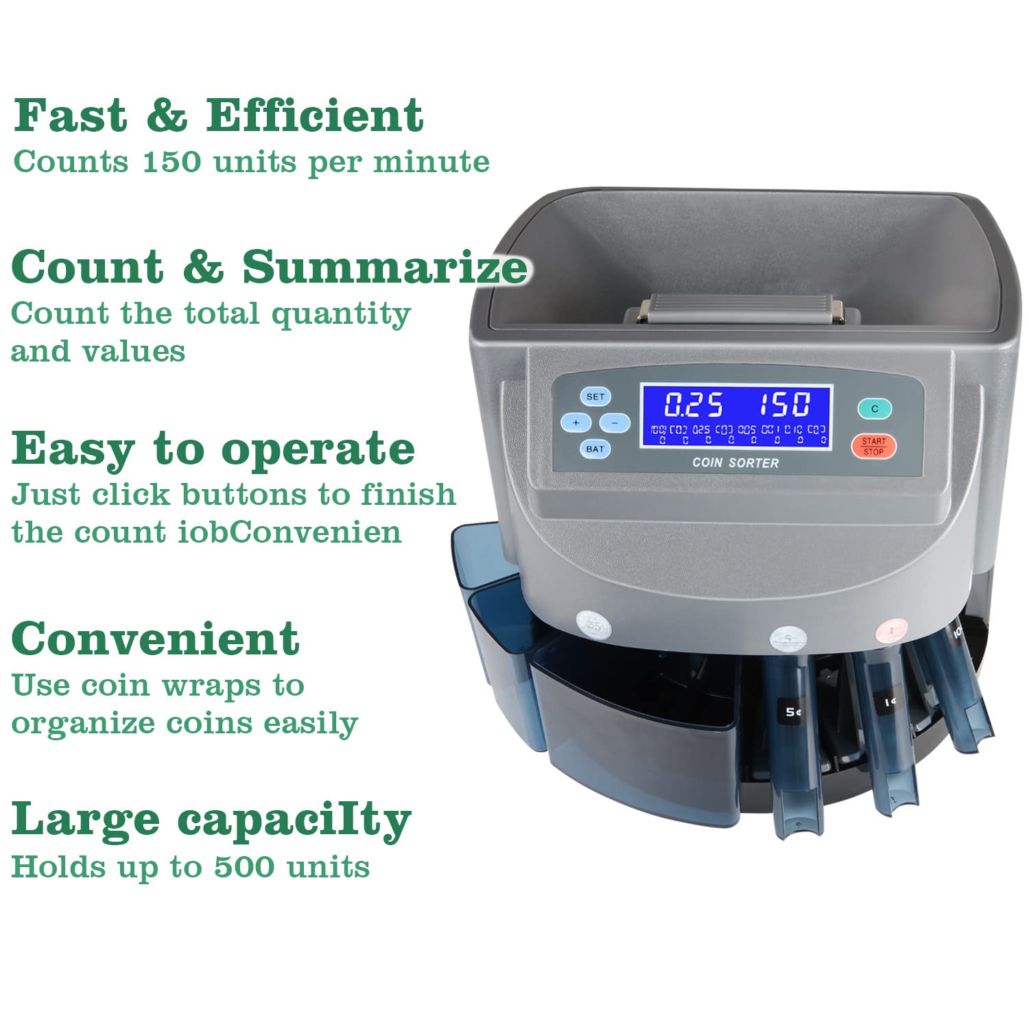 8T8 Professional Automatic Coin Sorter and Wrapper Machine - LCD Display, 5 Coin Bins & Tubes - Fast Money Counting for Banks, Retail Stores, and Small Businesses (USD Coin Counter)