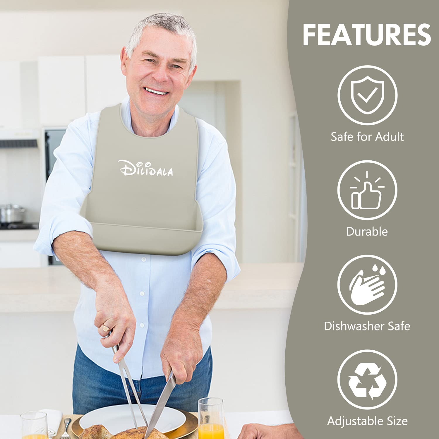 DEBON Adult Silicone Bibs - Reusable Waterproof & Washable Drool & Crumb Catcher - Clothing Protector for Elderly, Disabled & Patients - Perfect for Mealtime, Nursing Care & Daily Use