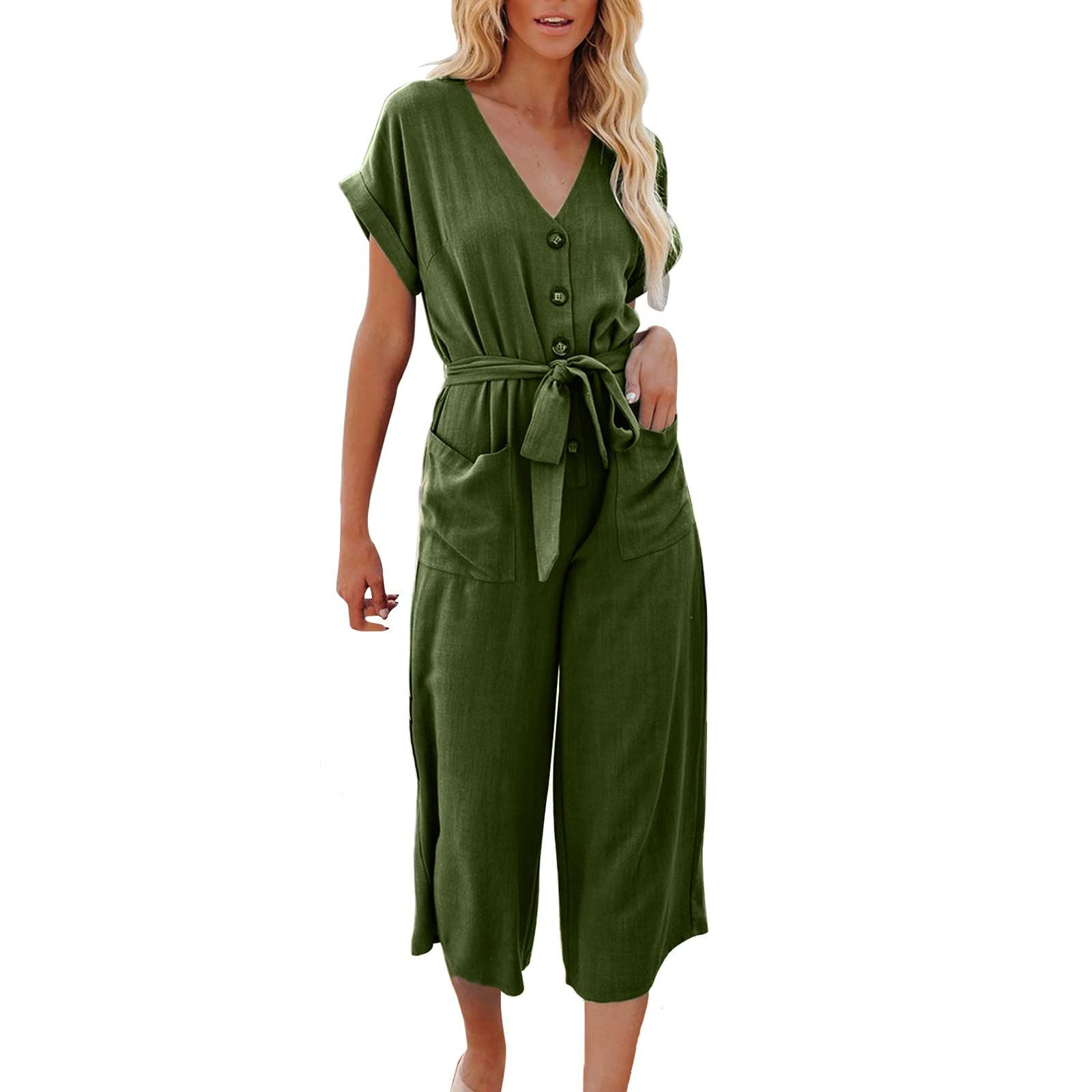 Women's V-Neck Tie Pocket Jumpsuit - Elegant Formal Evening Party Wedding Guest Outfit - Sexy Casual Button Romper in Army Green (Medium) | Perfect for Cocktail Parties, Date Nights & Summer Events