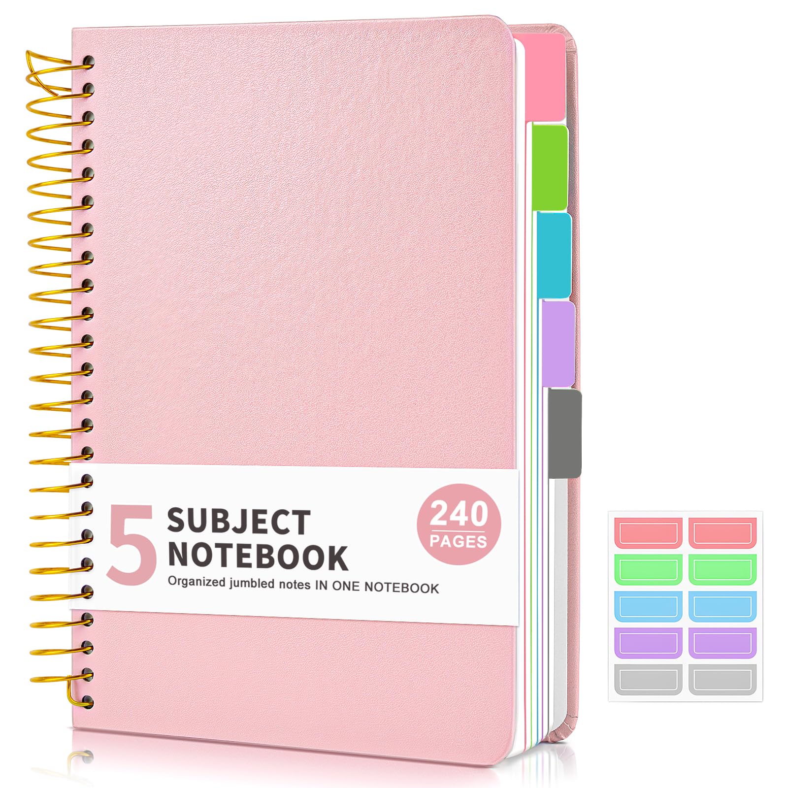 5-Subject Spiral Notebook, College Ruled Hardcover Notebook with Removable Pocket Dividers - 240 Lined Pages, 6x8.5 Inch A5 Size - Perfect for School, Office, Work & Note Taking - Ideal Gift for Students & Professionals (Pink)