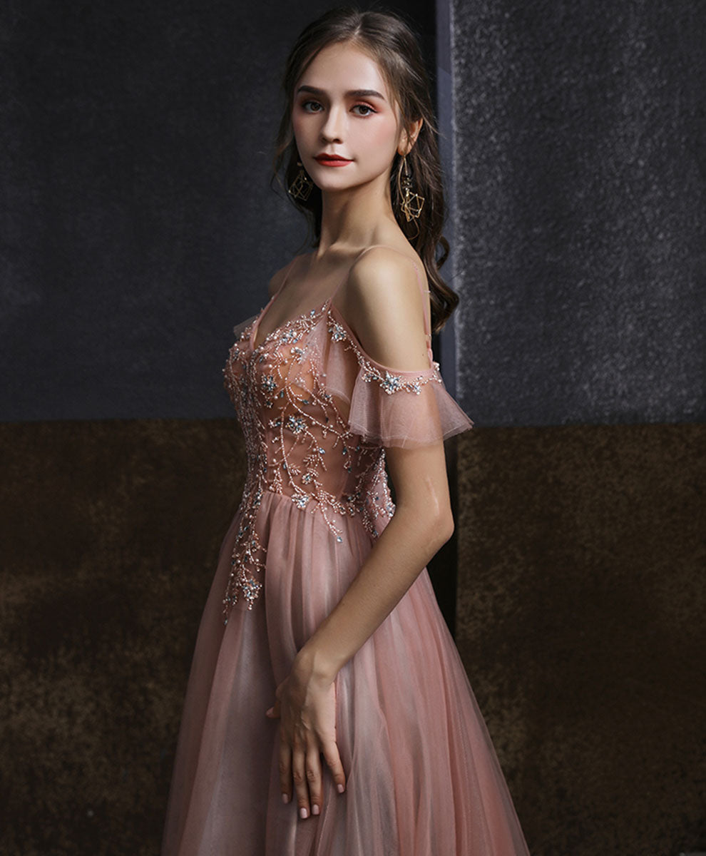 Elegant Pink V-Neck Tulle Beaded Long Prom Dress for Women | Formal Graduation Gown | Perfect for Homecoming, Ball, and Special Occasions