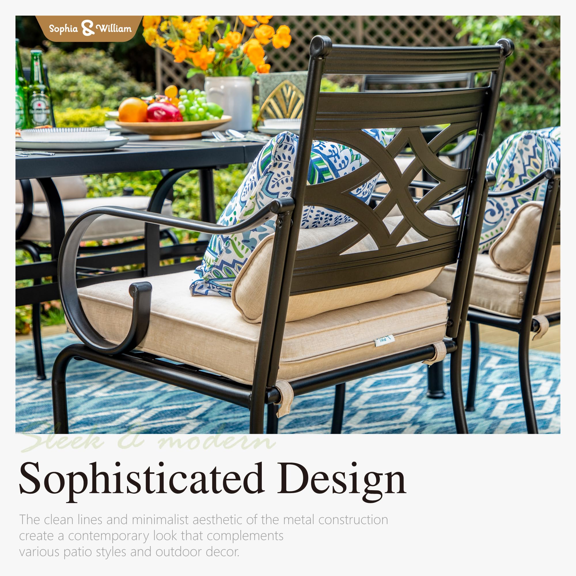 Sophia & William 6-Piece Outdoor Patio Dining Set with 60-Inch Black Table & Chairs | Removable Cushions | Perfect for Backyard BBQs, Garden Parties & Poolside Dining