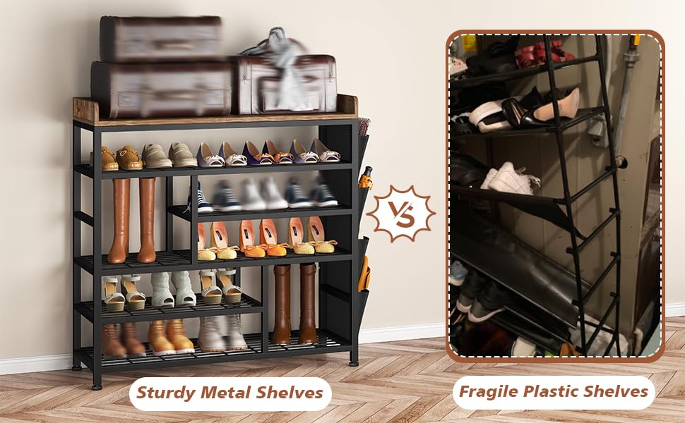 6-Tier Metal Shoe Rack with Wooden Top & Side Pockets - Holds 22 Pairs of Shoes - Space Saving Entryway Organizer for Hallway, Closet or Mudroom Storage - Black