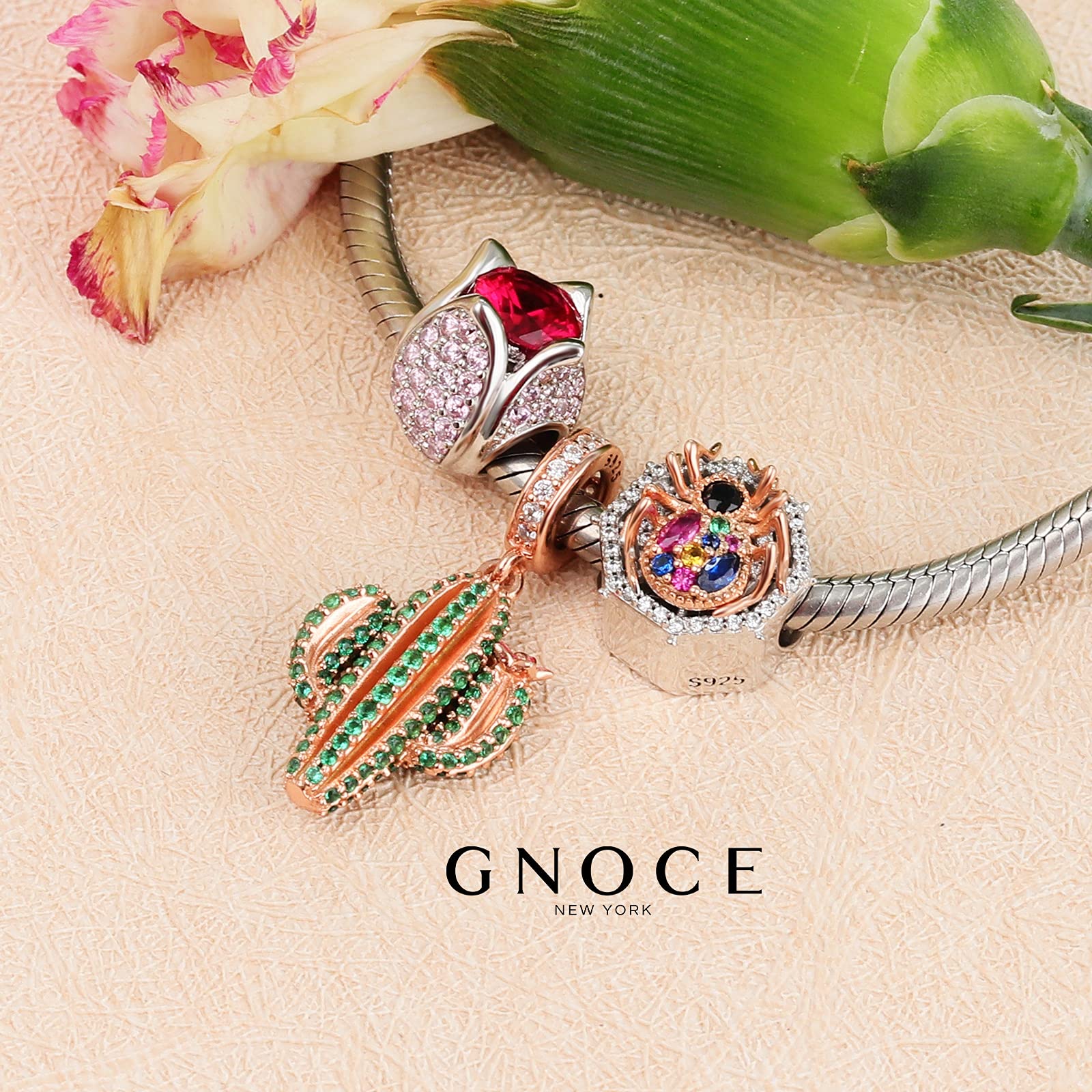 GNOCE 925 Sterling Silver Cactus Charm Beads for Bracelets & Necklaces - Rose Gold Plated with Green Cubic Zirconia, Unconditional Love Dangle Charm - Perfect for Christmas Gifts, Boho Jewelry & Everyday Wear