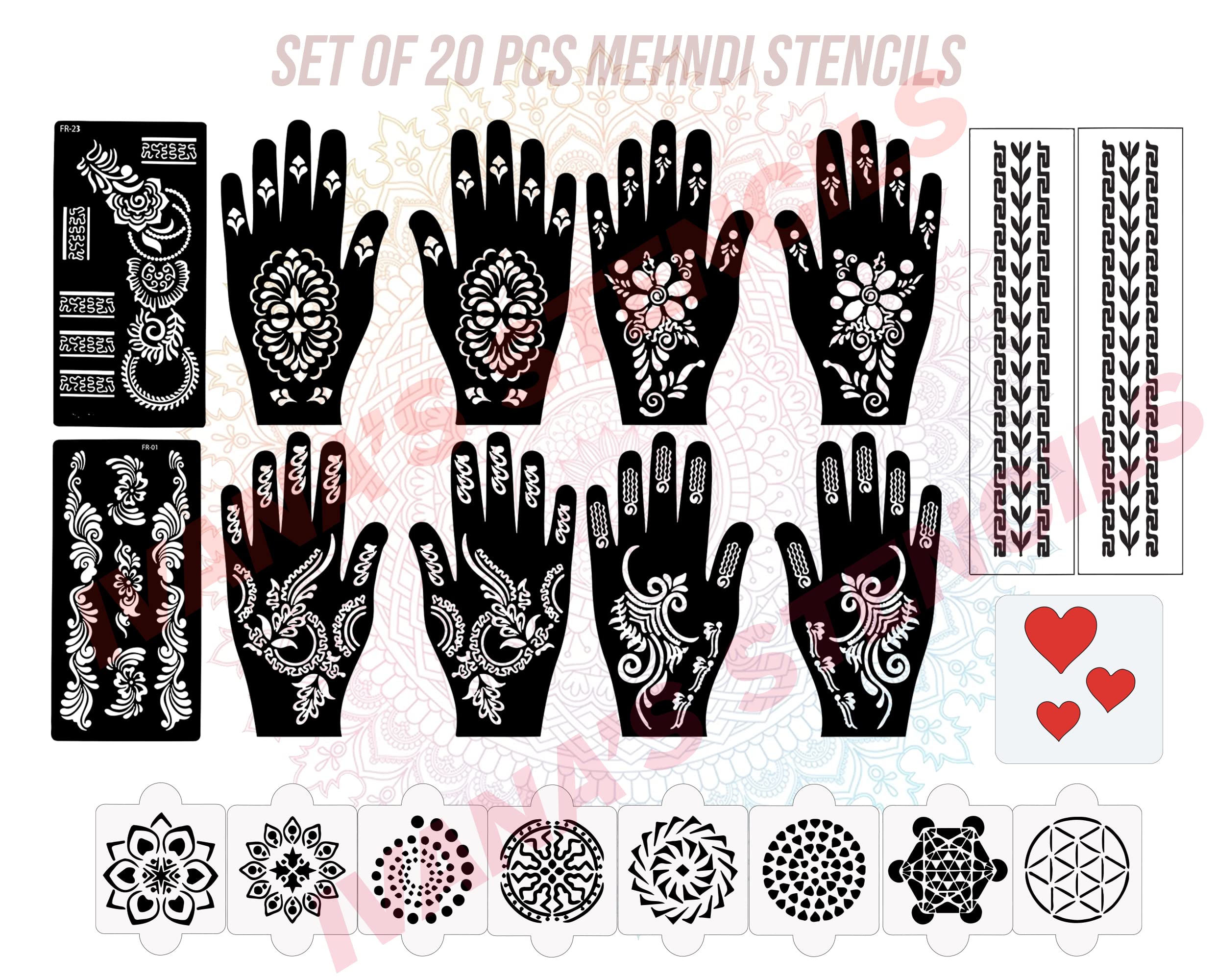 20 Pcs Reusable Henna Stencil Kit - Latest Mehndi Design Stickers for Girls, Women & Kids | DIY Body Art for Parties, Weddings & Festivals (D-2375)