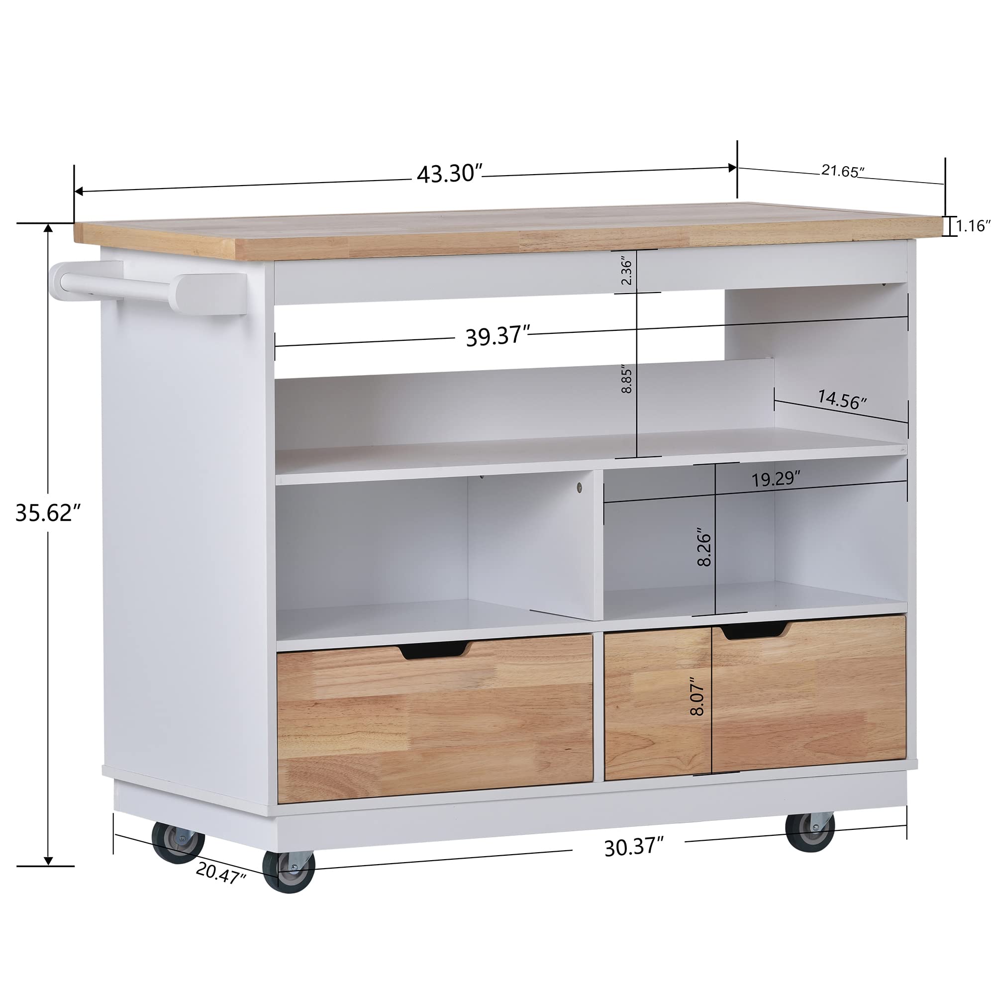 Goujxcy White Rolling Kitchen Island Cart with Lockable Casters, Adjustable Shelves, Drawers & Cabinets for Storage, Mobile Kitchen Cart for Small Spaces, Dining Room & Apartment Use (A1-Brown2)