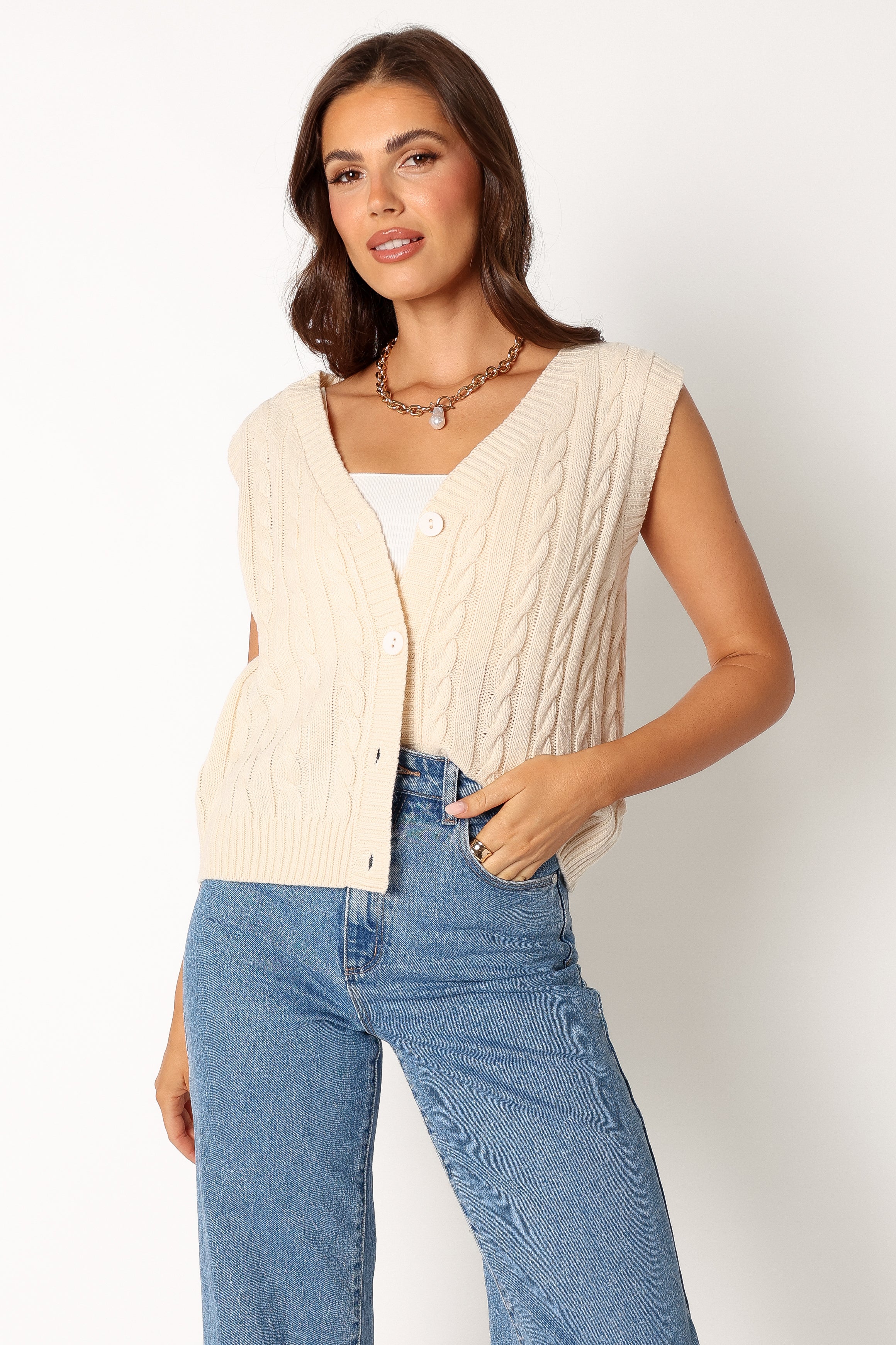 Kyle Knit Vest for Women - Soft Cream Cardigan Sweater - Cozy Winter Layering for Office, Casual Outfits & Fall Fashion