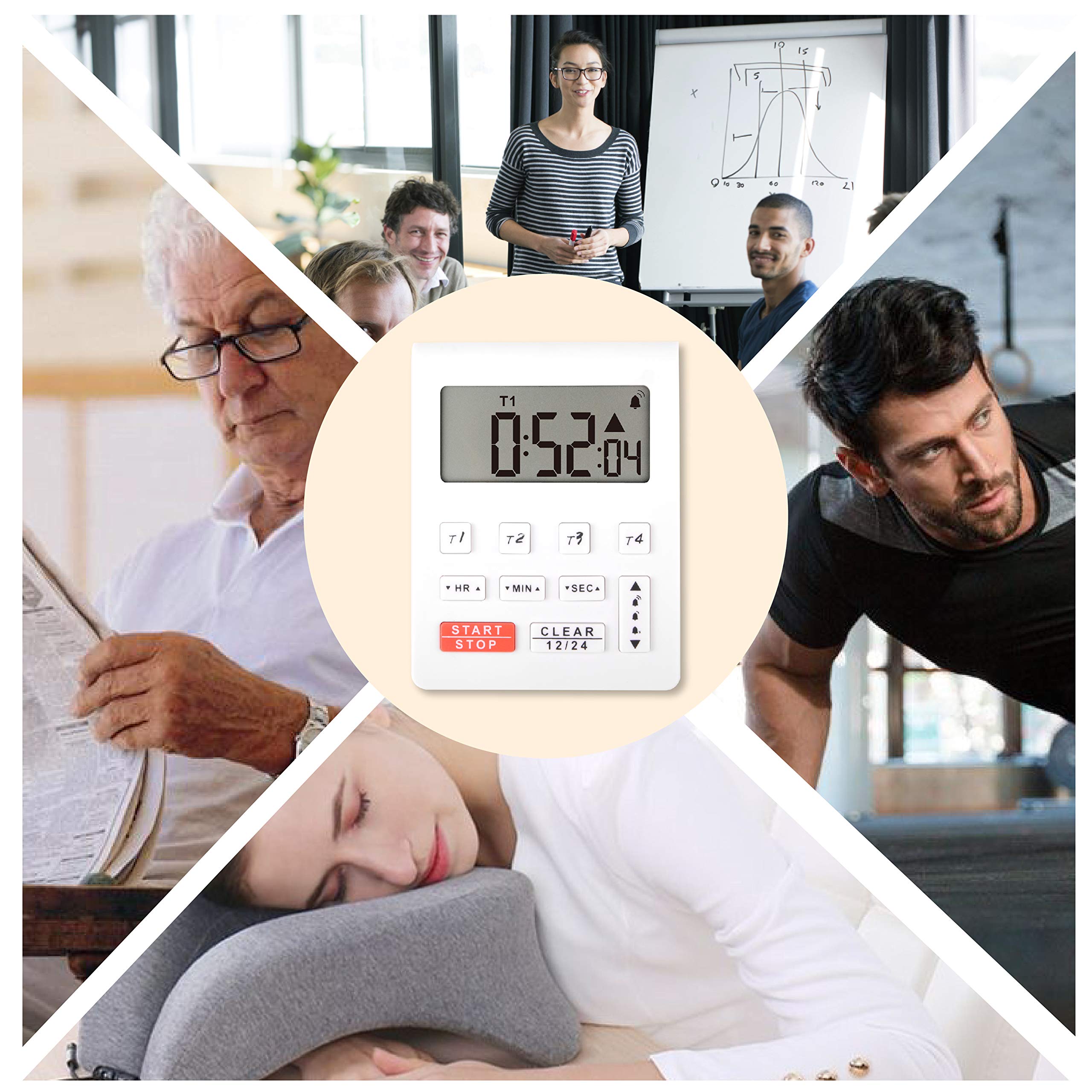 Runleader Digital Kitchen Timer with 4 Countdown Timers & Stopwatch - Large Display 12/24H Clock with Alarm - Perfect for Baking, Cooking, Homework & Fitness (White-205) | Compact Desktop Timer for Home, Office & Gym Use