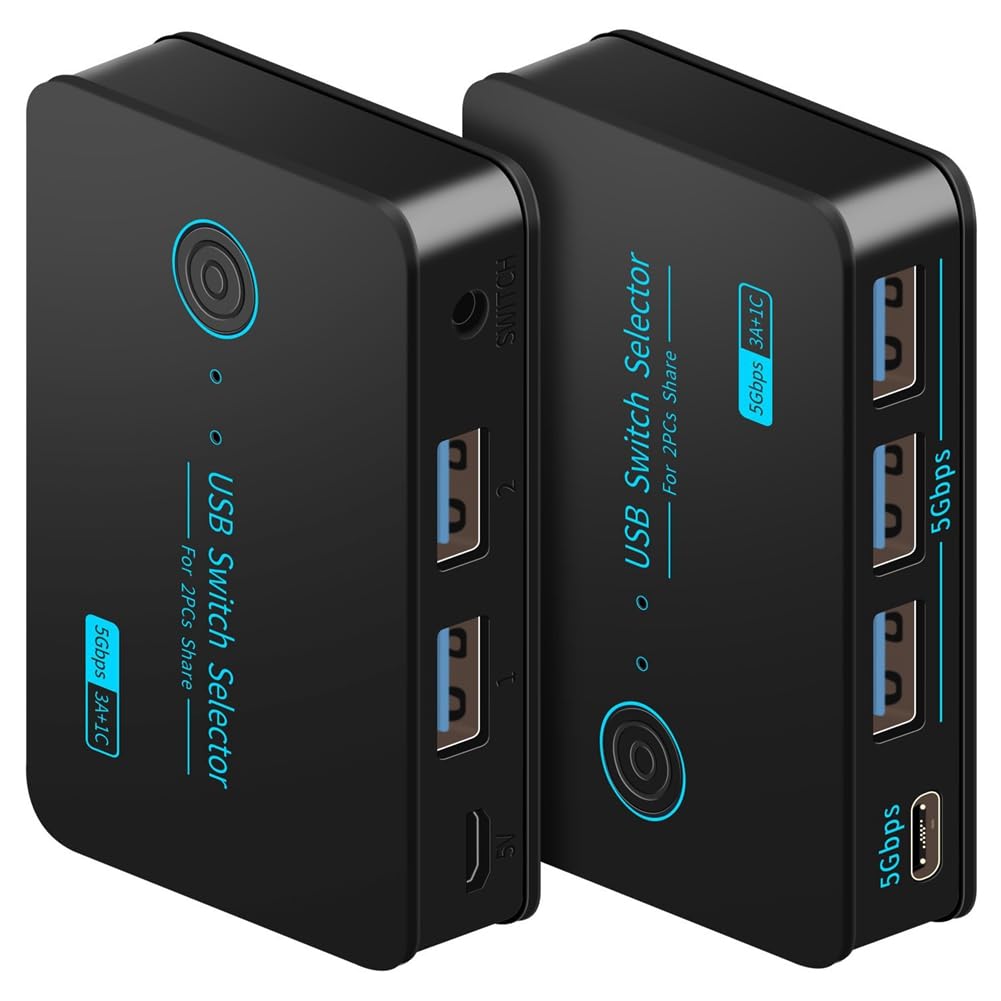 RKBCJQA USB 3.0 KVM Switch 4-Port Hub (3xUSB 3.0 + 1xUSB-C) - Share Printer, Scanner & Devices Between 2 Computers - Perfect for Home Office & Multi-PC Workstations