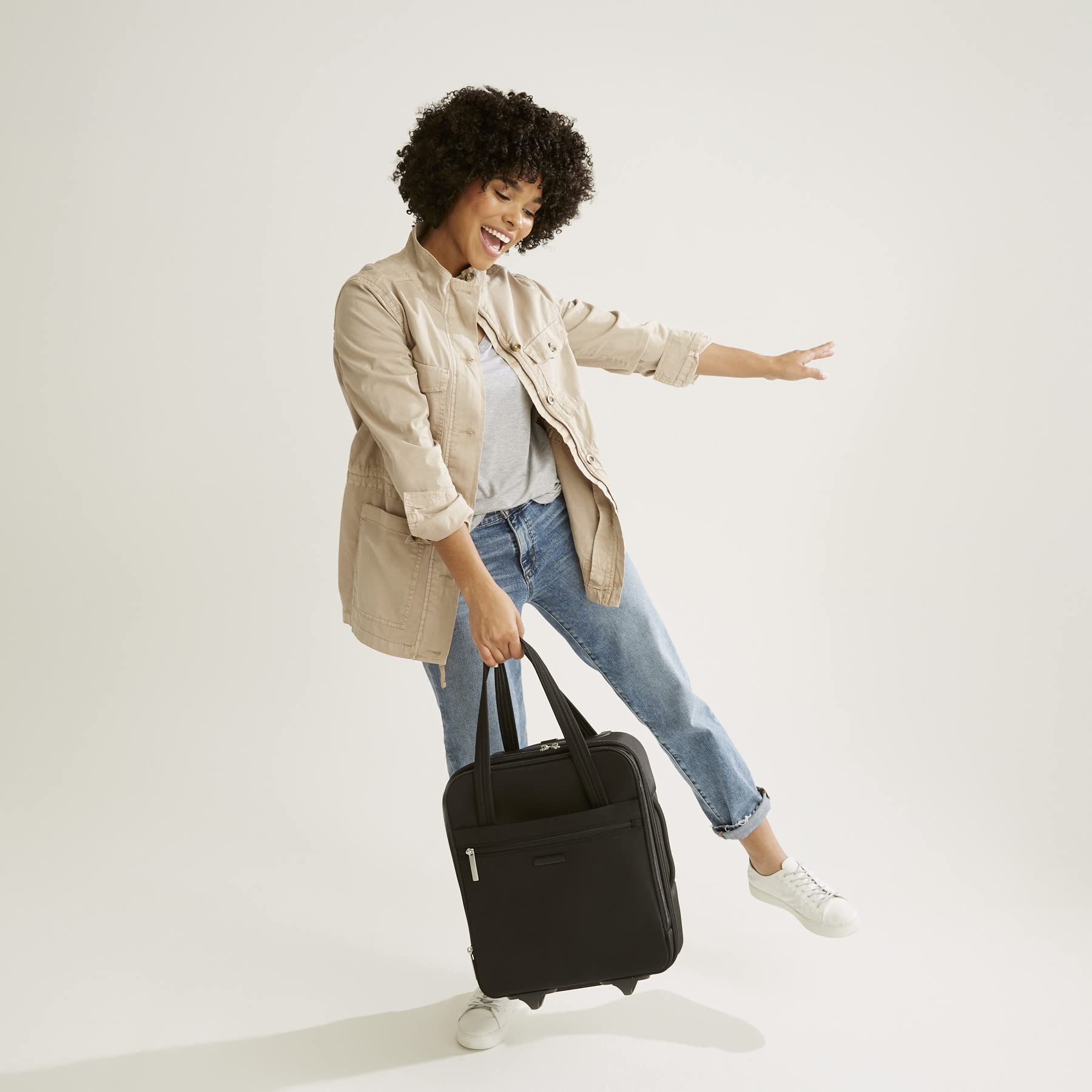 Vera Bradley Women's Black Softside Underseat Rolling Work Bag - Lightweight Carry-On Luggage for Business Travel, Office Commute & Airplane Under Seat Storage