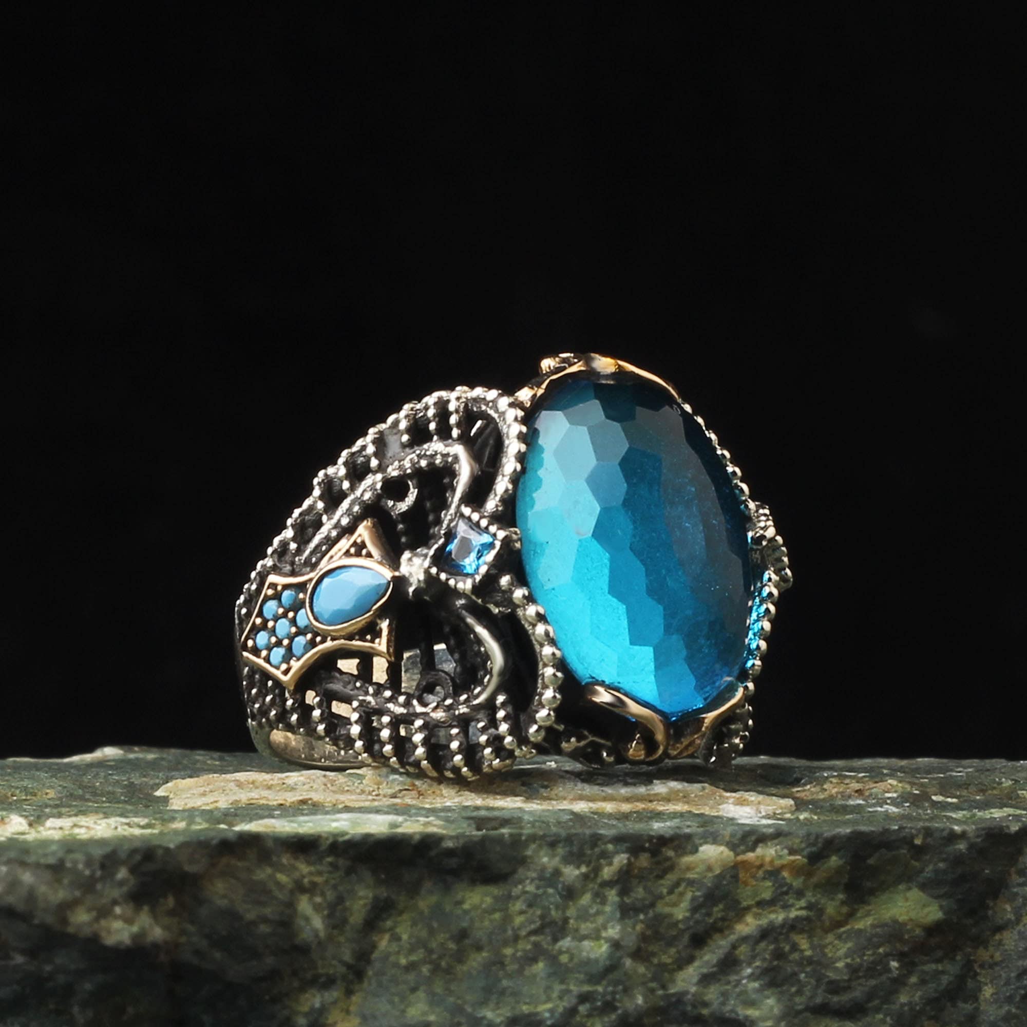 925 Sterling Silver Men's Ring with Blue Topaz Gemstone - Handmade Engraved Turkish Silver Jewelry for Men - Perfect Valentine's Day Gift, Anniversary Present & Everyday Wear Accessory