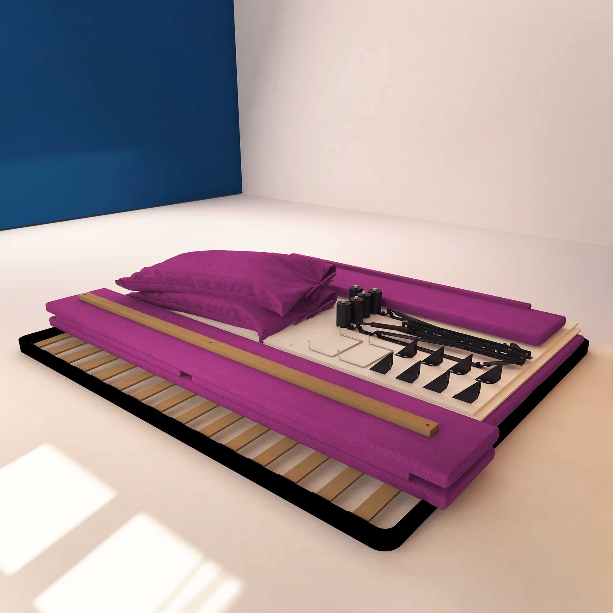 Baldiflex Queen Size Storage Bed with Upholstered Headboard - Licia Soft Fabric Platform Bed Frame, Slatted Base for 140x200cm Mattress, Fuchsia Pink - Perfect for Small Bedrooms & Guest Rooms