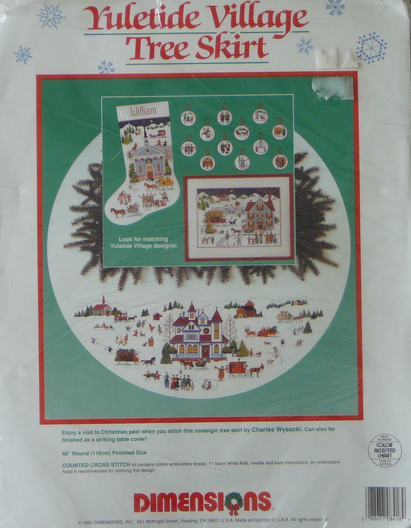 Charles Wysocki Yuletide Village Christmas Tree Skirt Counted Cross Stitch Kit - Holiday Home Decor & DIY Craft Gift for Christmas