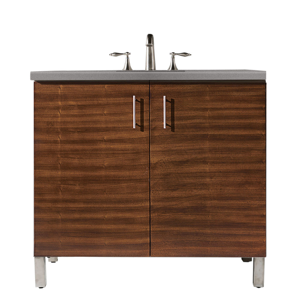 Metropolitan 36 Inch Single Bathroom Vanity with American Walnut Finish & 3CM Gray Expo Quartz Countertop - Perfect for Modern Home Bathroom Remodeling
