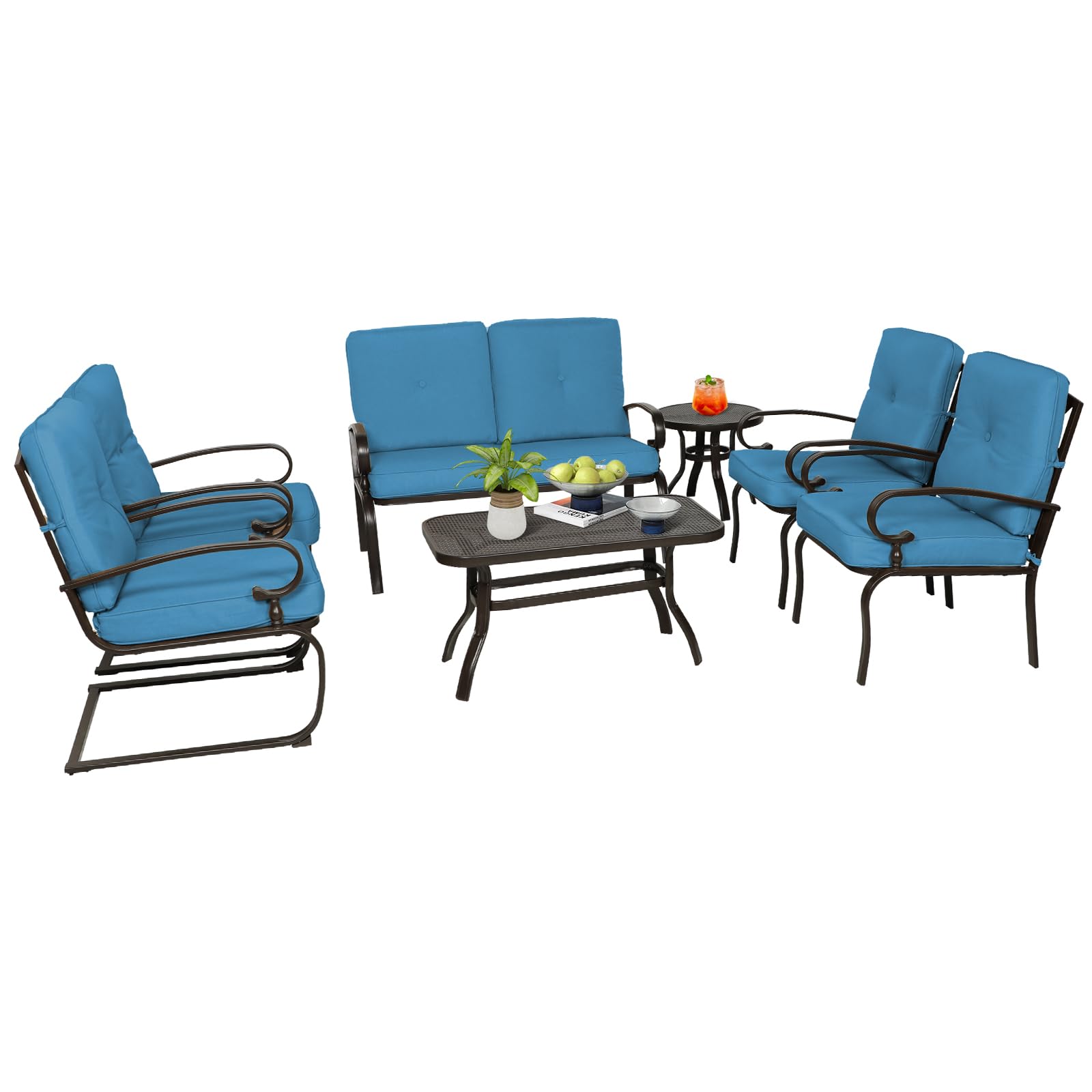 Oakcloud 7-Piece Wrought Iron Outdoor Patio Furniture Set with Cushions (Blue) - Includes Loveseat, Coffee Table, Bistro Table, 2 Spring Chairs & 2 Dining Chairs - Perfect for Garden, Backyard, Poolside or Terrace Relaxation