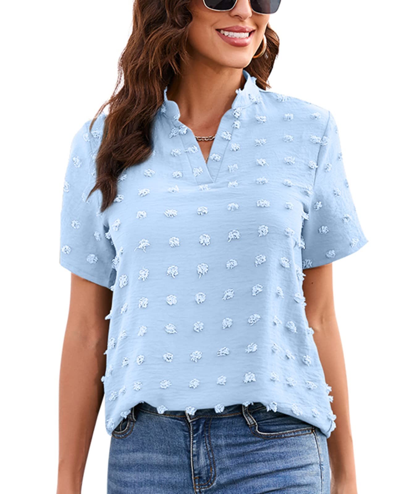 Women's Summer V-Neck Short Sleeve Chiffon Blouse - Casual Polka Dot Tunic Top for Beach, Office & Date Night Outfits