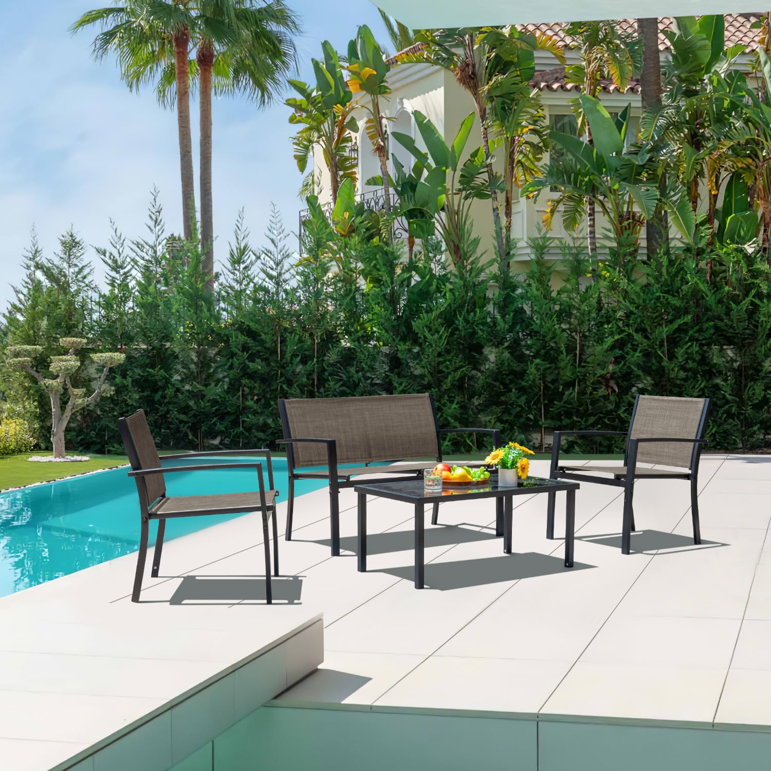 Devoko 4-Piece Outdoor Patio Furniture Set - Brown Wicker Garden Conversation Set with Tempered Glass Coffee Table for Poolside, Lawn, Porch & Backyard Relaxation