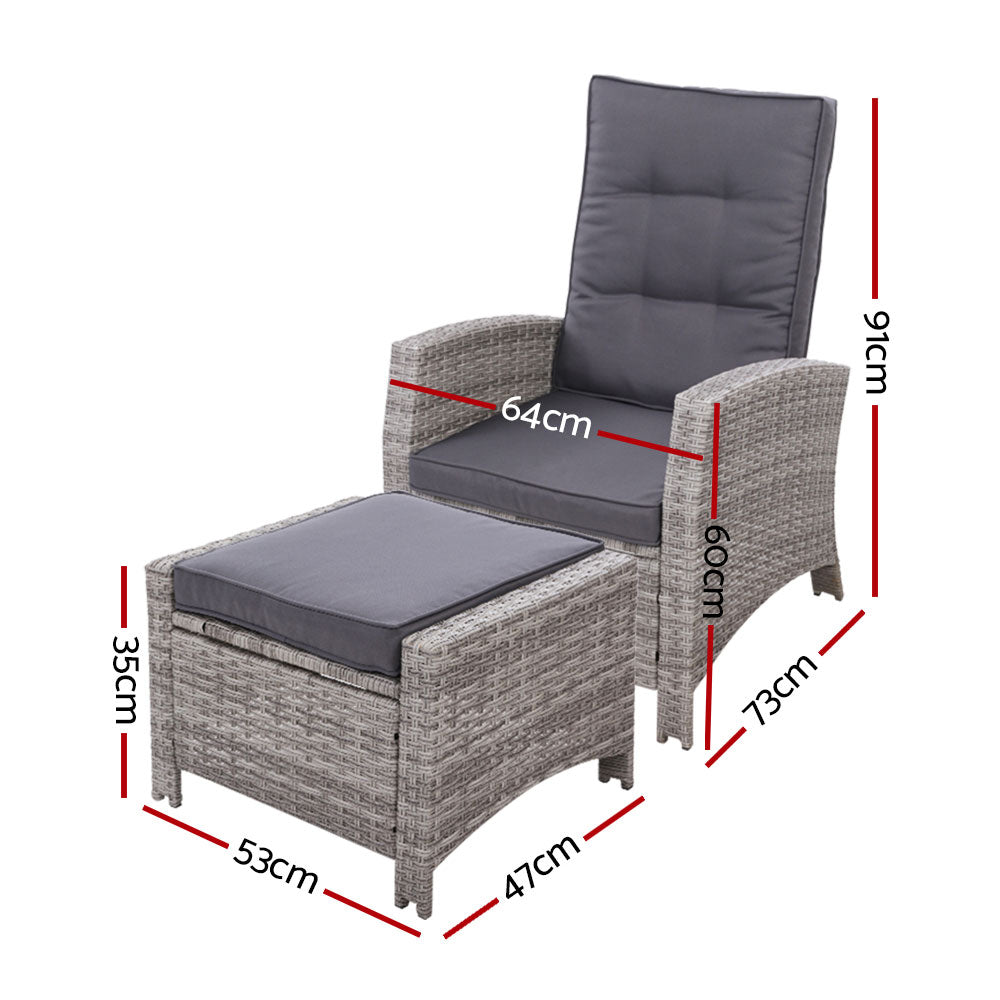 Elise Outdoor Recliner Chair with Ottoman - Grey Patio Lounge Chair for Backyard, Poolside & Garden Relaxation - Weather-Resistant Comfortable Reclining Chair