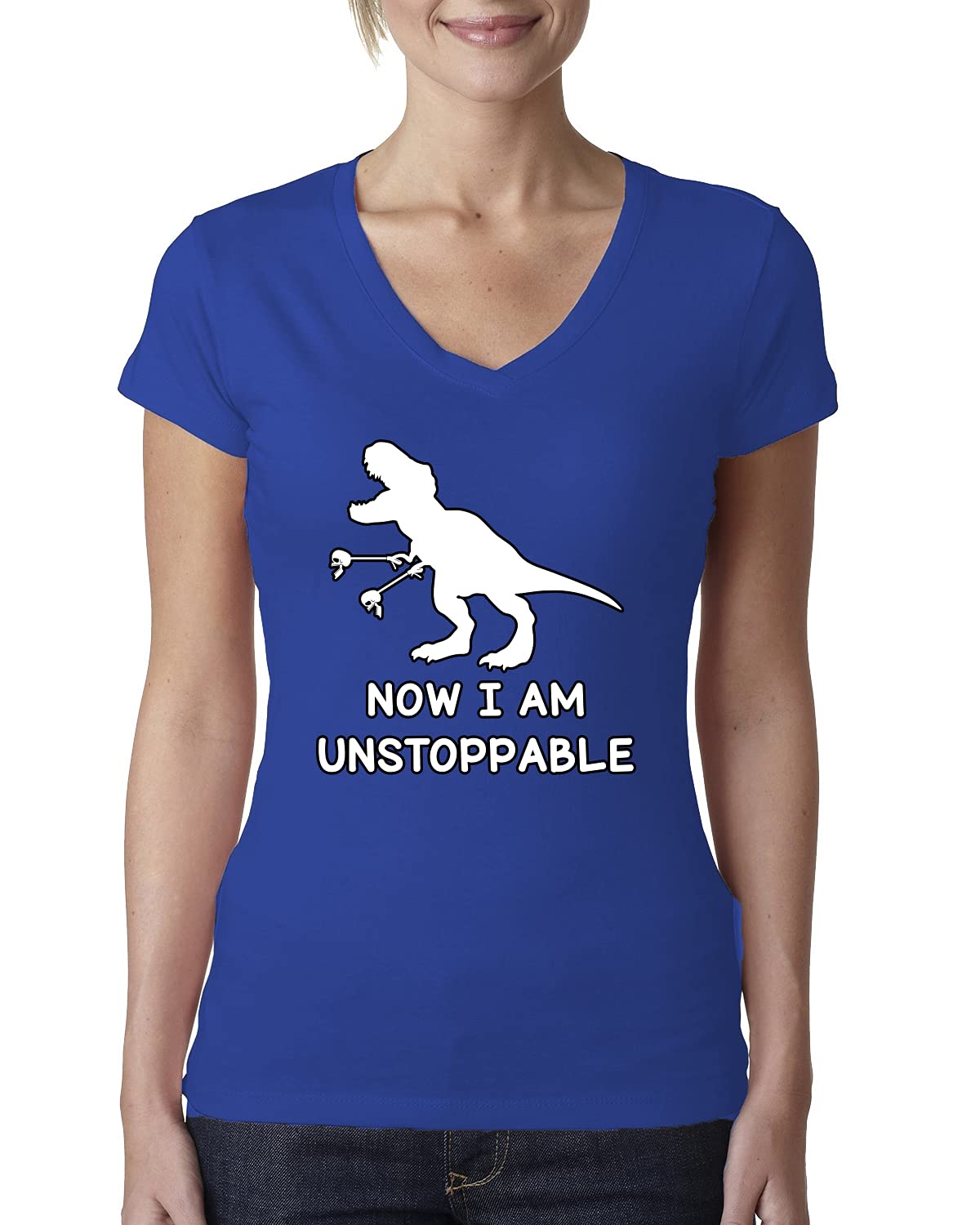 Unstoppable T-Rex Funny Dinosaur Graphic T-Shirt for Women - Soft Junior Fit V-Neck Tee - Perfect for Casual Wear, Gifts & Pop Culture Fans