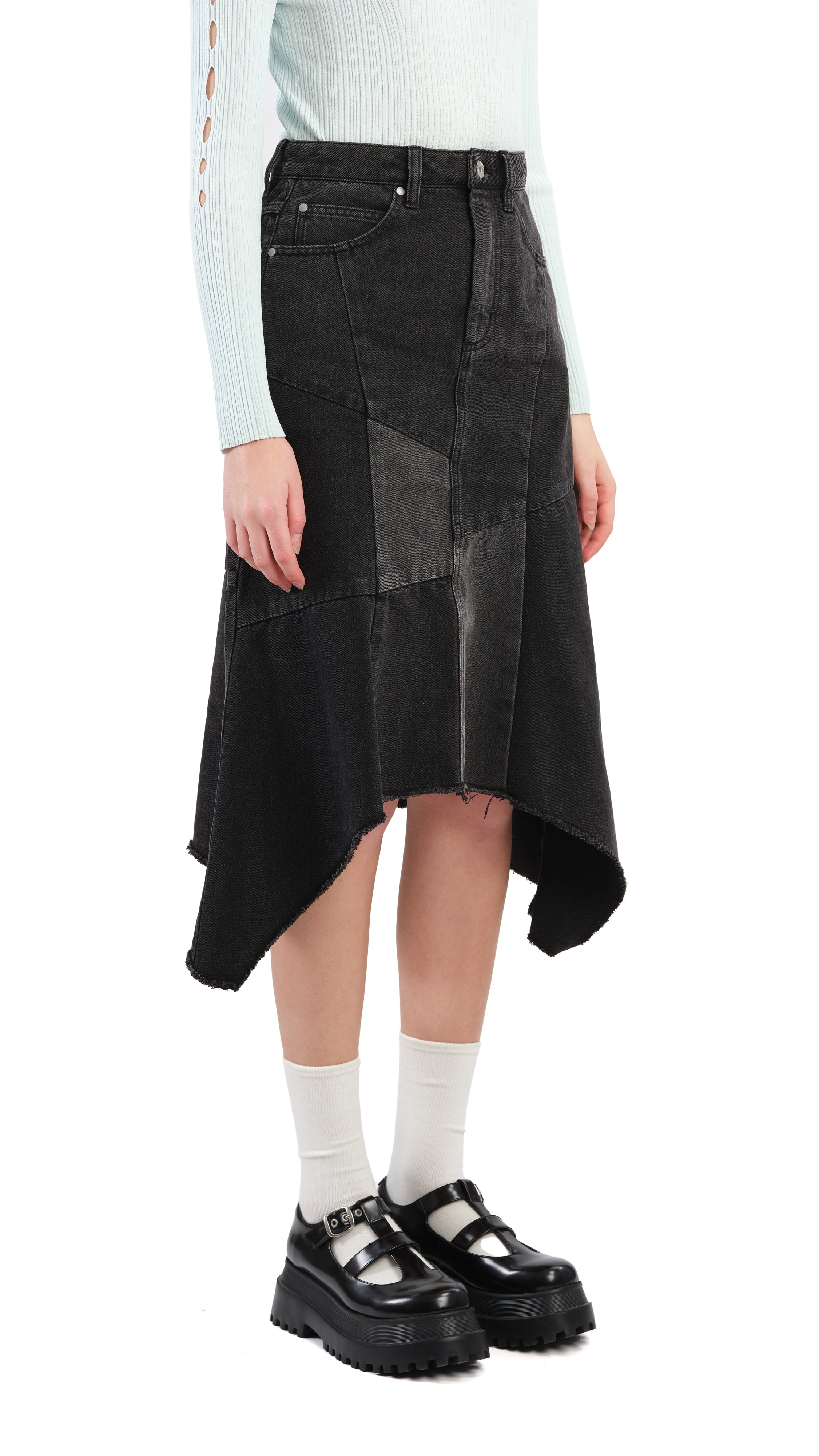 Vintage Rebuilt Denim Fishtail Skirt for Women - Distressed High Waist A-Line Denim Skirt with Asymmetrical Hem | Perfect for Boho Outfits, Casual Wear & Street Style Fashion