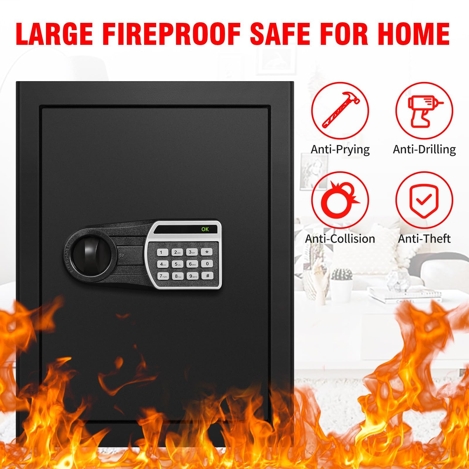 2.4 Cubic Foot Fireproof Safe Box for Home & Office - Digital Combination Lock, Waterproof, Removable Shelf & Sensor Light - Secure Documents, Jewelry, Cash & Valuables - Ideal for Fire Protection & Theft Prevention