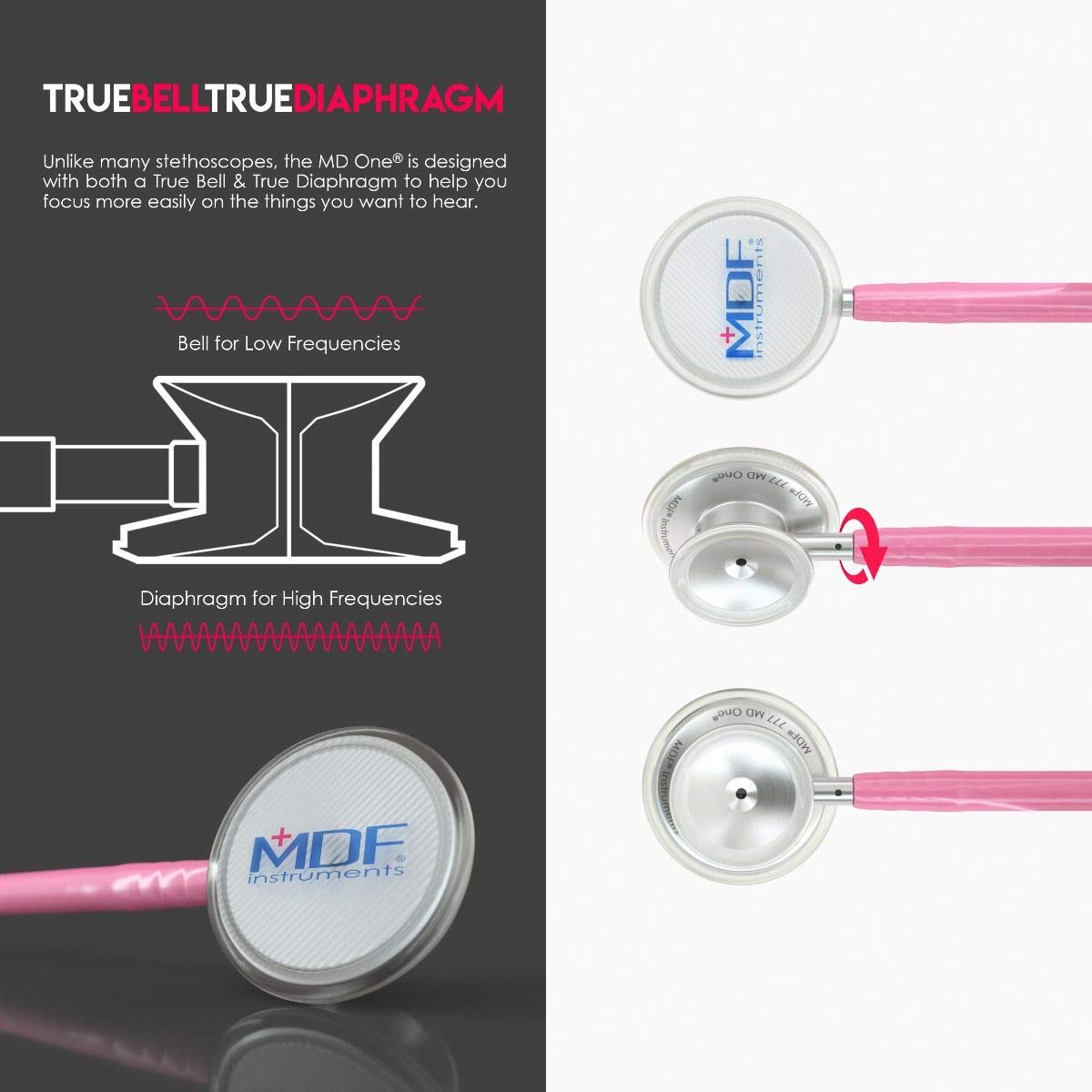 MDF MD One Stainless Steel Stethoscope for Adults - Pink Tube & Silver Chestpiece Headset (MDF77701) | Medical, Nursing, Home Healthcare Equipment