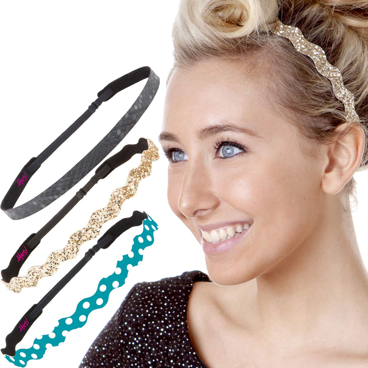 Hipsy Women's Adjustable Non-Slip Wave Polka Dot & Bling Glitter Headbands 3-Pack (Teal/Gold/Black) - Perfect for Workouts, Yoga, Running and Fashion Accessories