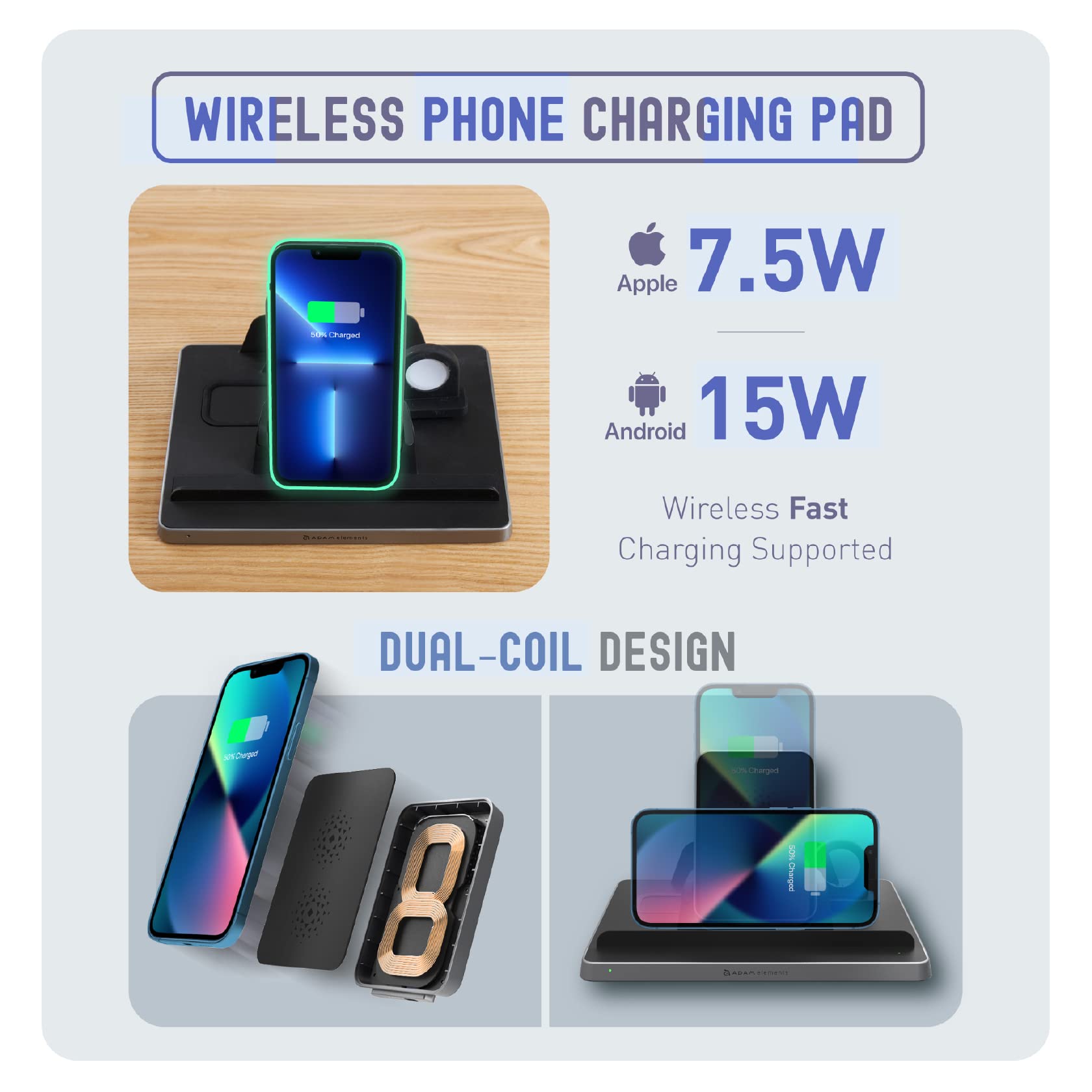 ADAM elements Omnia Q5 5-in-1 Wireless Charging Station - Qi-Certified Fast Charger for iPhone 8-16 Series, Apple Watch, AirPods 2/Pro, Apple Pencil 2 & Android Phones | Perfect for Home, Office & Travel Multi-Device Charging