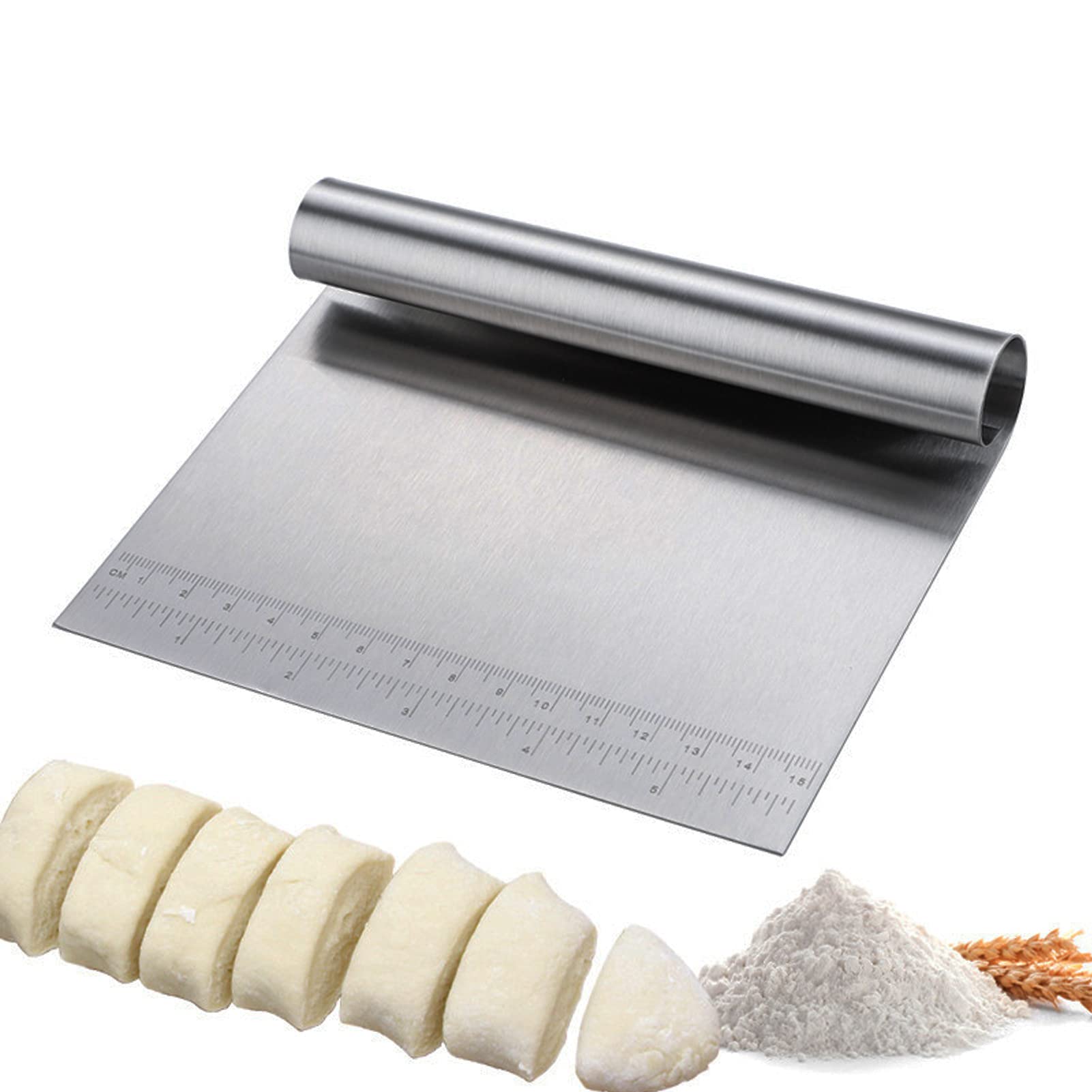 Premium Stainless Steel Dough Scraper - Multi-Purpose Kitchen Tool for Baking, Cake Decorating & Pizza Making - Includes Measuring Scale - Ideal for Pastry Chefs & Home Bakers (Perfect for Cutting Dough, Cleaning Work Surfaces & Portioning Ingredients)