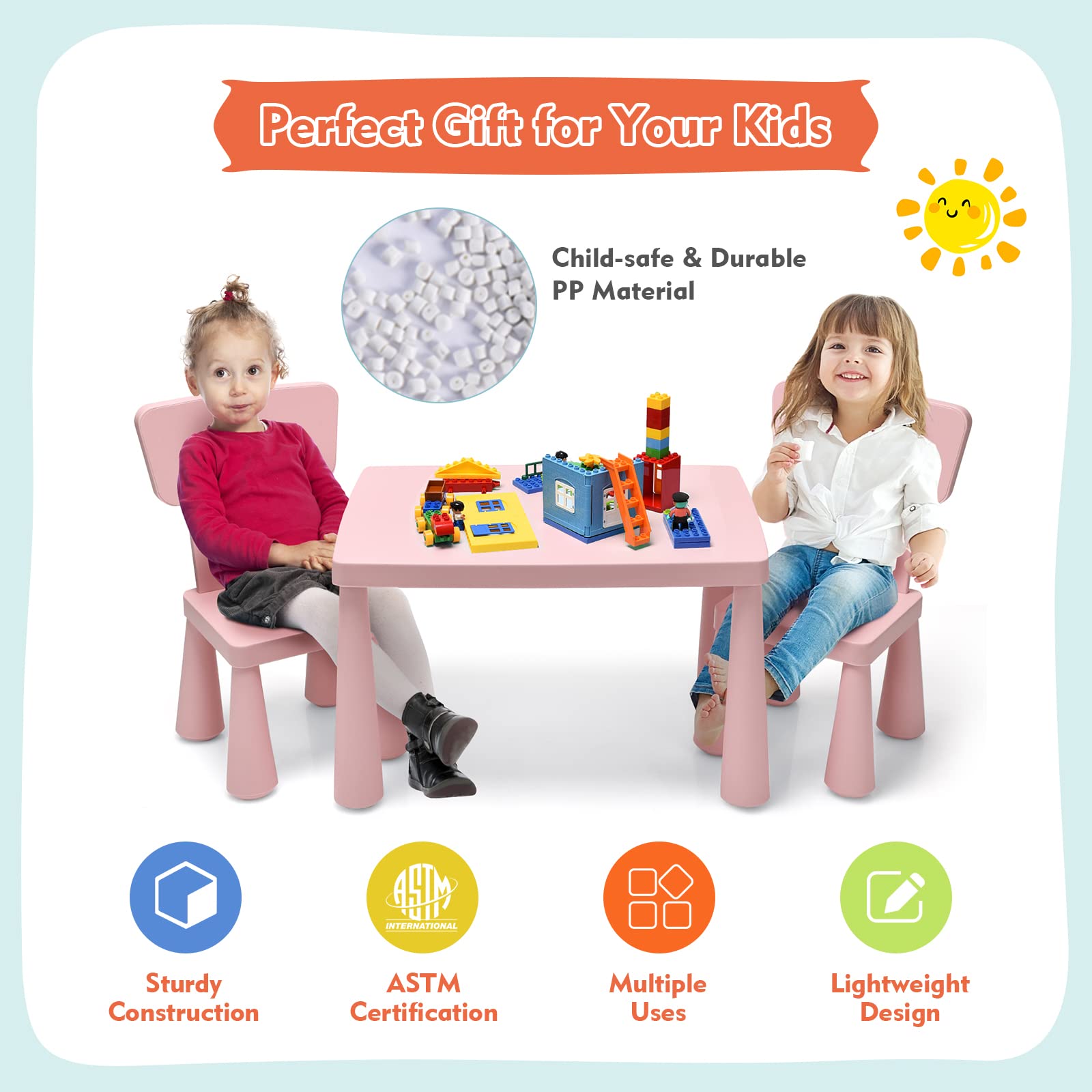 COSTWAY 3-Piece Kids Table and Chairs Set - Lightweight Plastic Children's Activity Table for Reading, Writing, Drawing & Snacks | Study Desk & Chair Set for Toddlers Ages 1-7 | Perfect for Preschool, Daycare & Home Playroom (Pink)